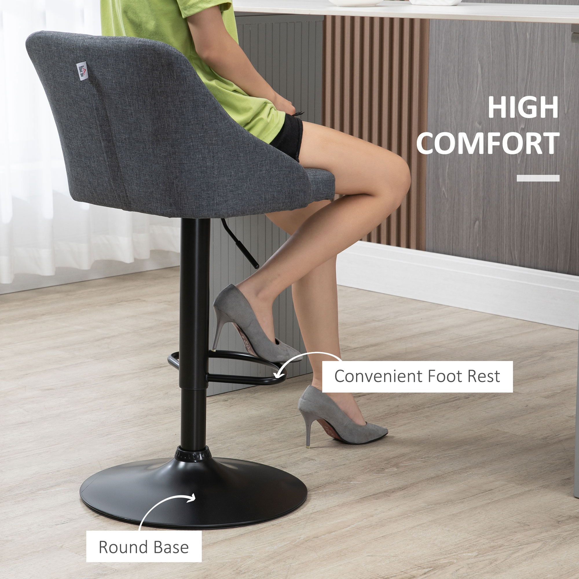 HOMCOM Modern Adjustable Bar Stools Set of 2, Swivel Fabric Barstools with Footrest, Armrests and Back, for Kitchen Counter and Dining Room, Dark Grey 7