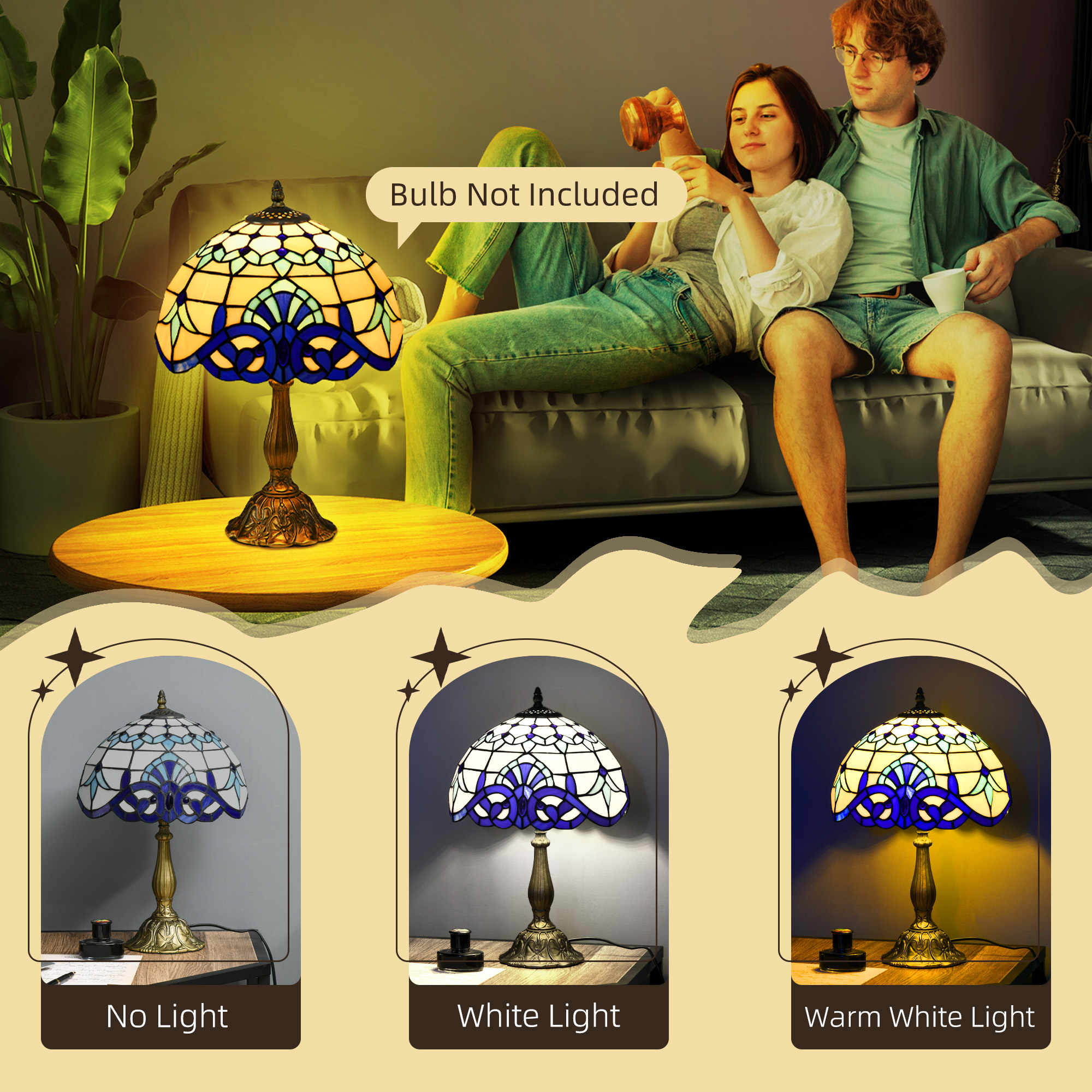 HOMCOM Stained Glass Table Lamp, Handmade Antique Bedside Lamp for Bedroom, Living room, Home, Nightstand, Decorative Night Light, Blue 5