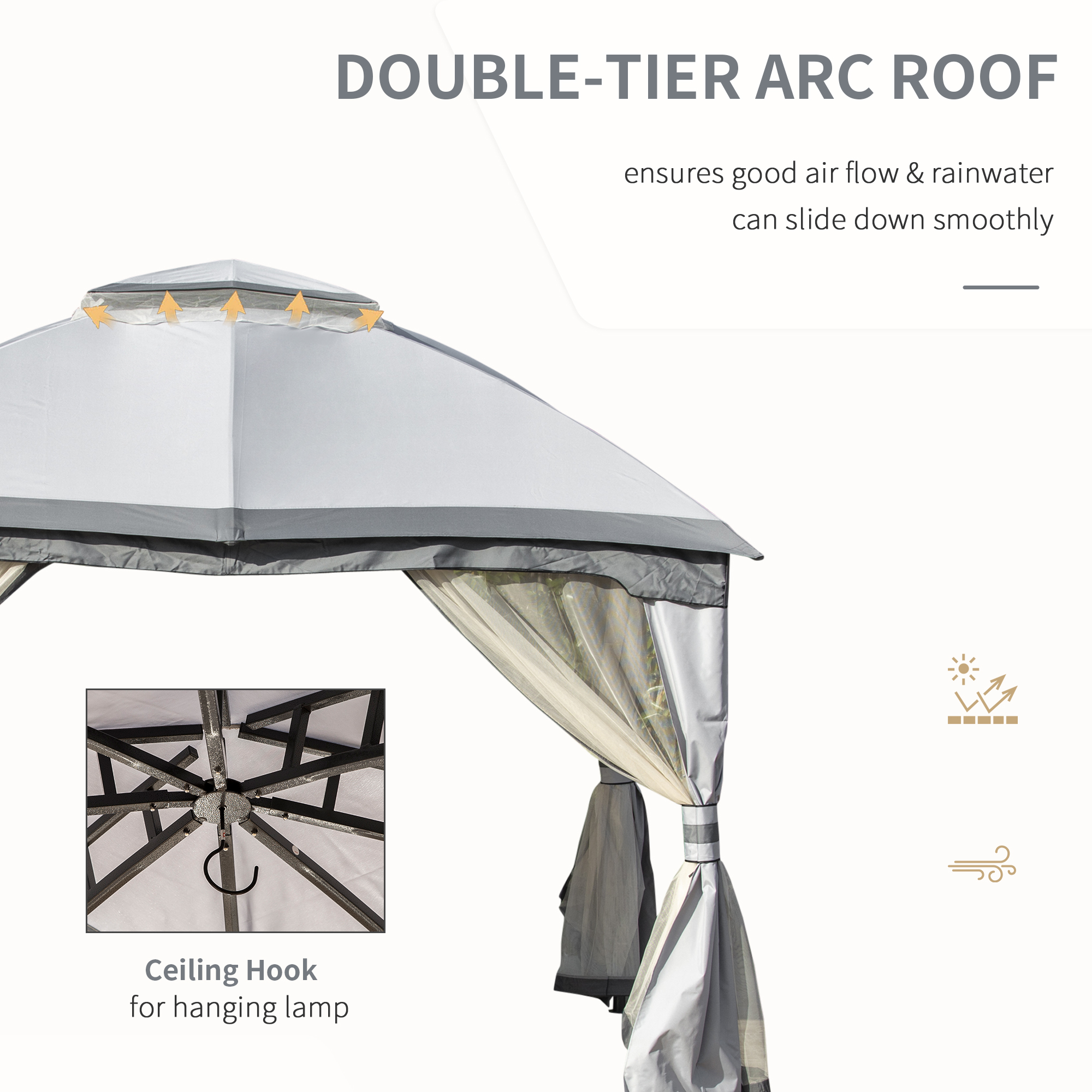 Outsunny 3.7 x 3(m) Metal Gazebo Canopy Party Tent Garden Patio Shelter with Netting Sidewalls & Double Tiered Roof, Grey 4