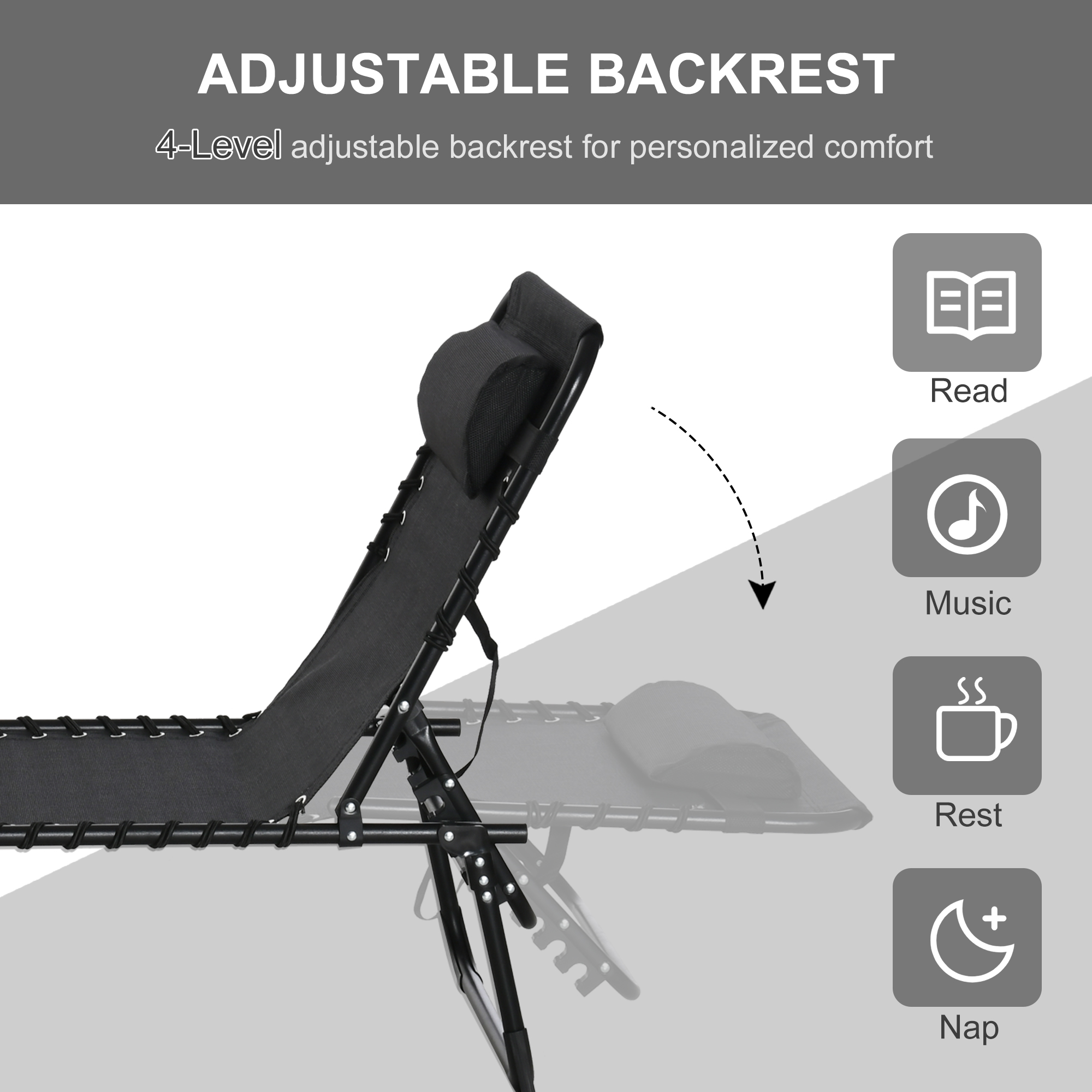 Outsunny Foldable Sun Lounger, Outdoor 4 Level Adjustable Backrest Reclining Chaise Chair, Steel Frame Recliner Chair for Camping, Hiking, Black 4