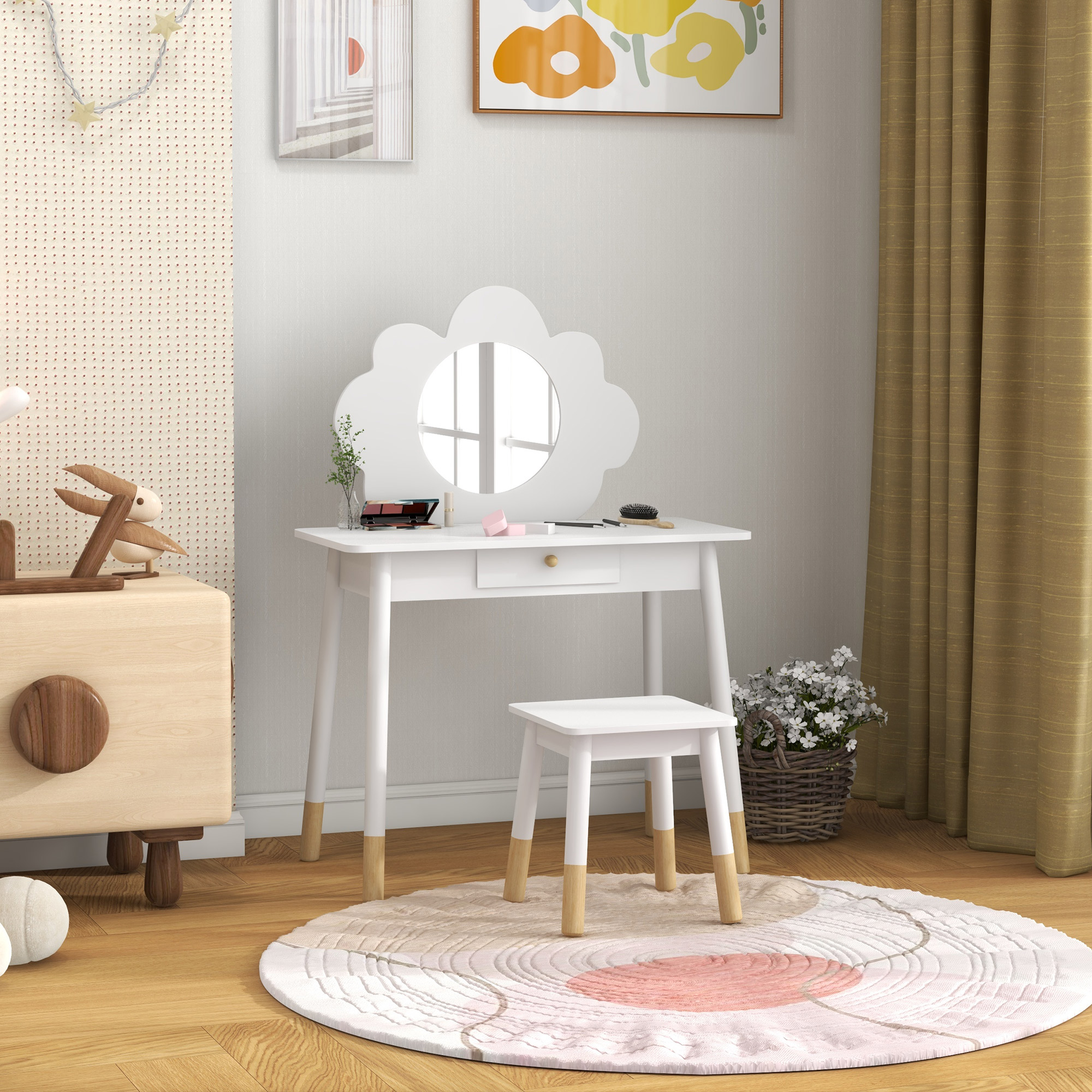 AIYAPLAY Kids Dressing Table with Mirror, Stool, Drawer, Cloud Design, White 7