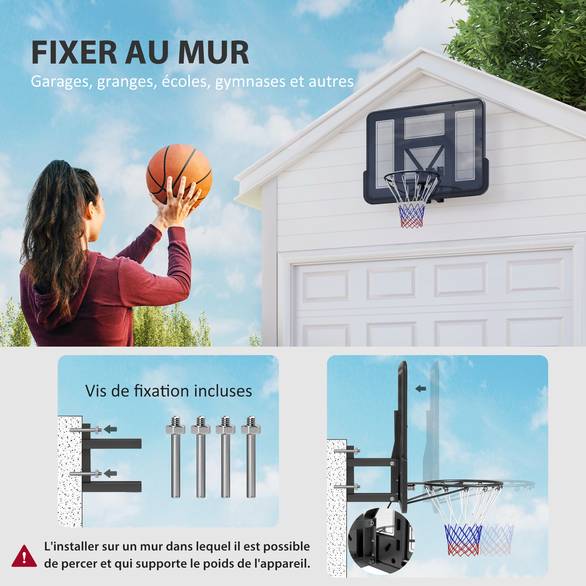 Panier De Basketball Mural Avec Panneau Et Filet En Acier, 113 X 61 X 73 Cm Noir Et Rouge