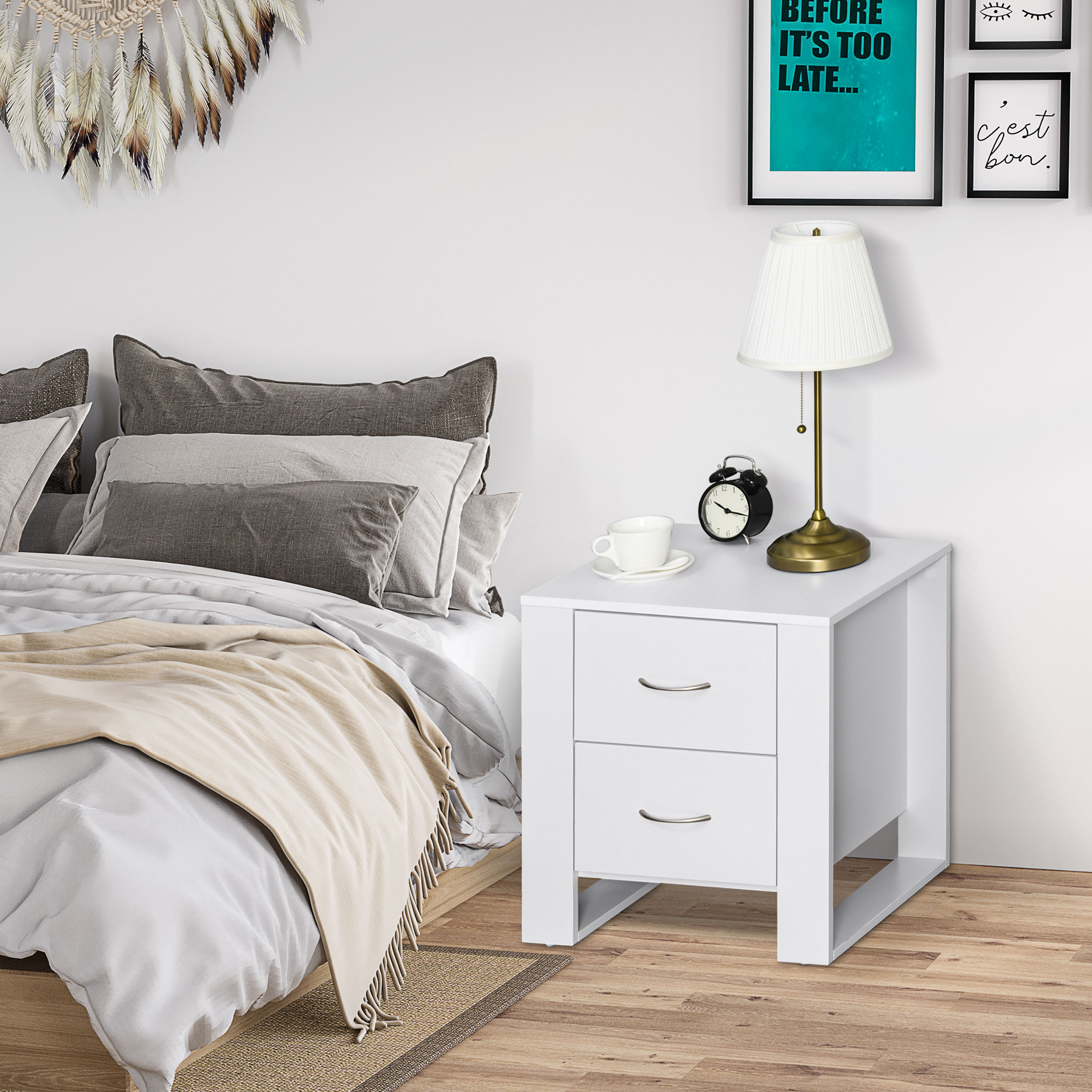 HOMCOM Bedside Table with 2 Drawers, Nightstand with Handles and Elevated Base, Side Table for Bedroom, Living Room, White 2
