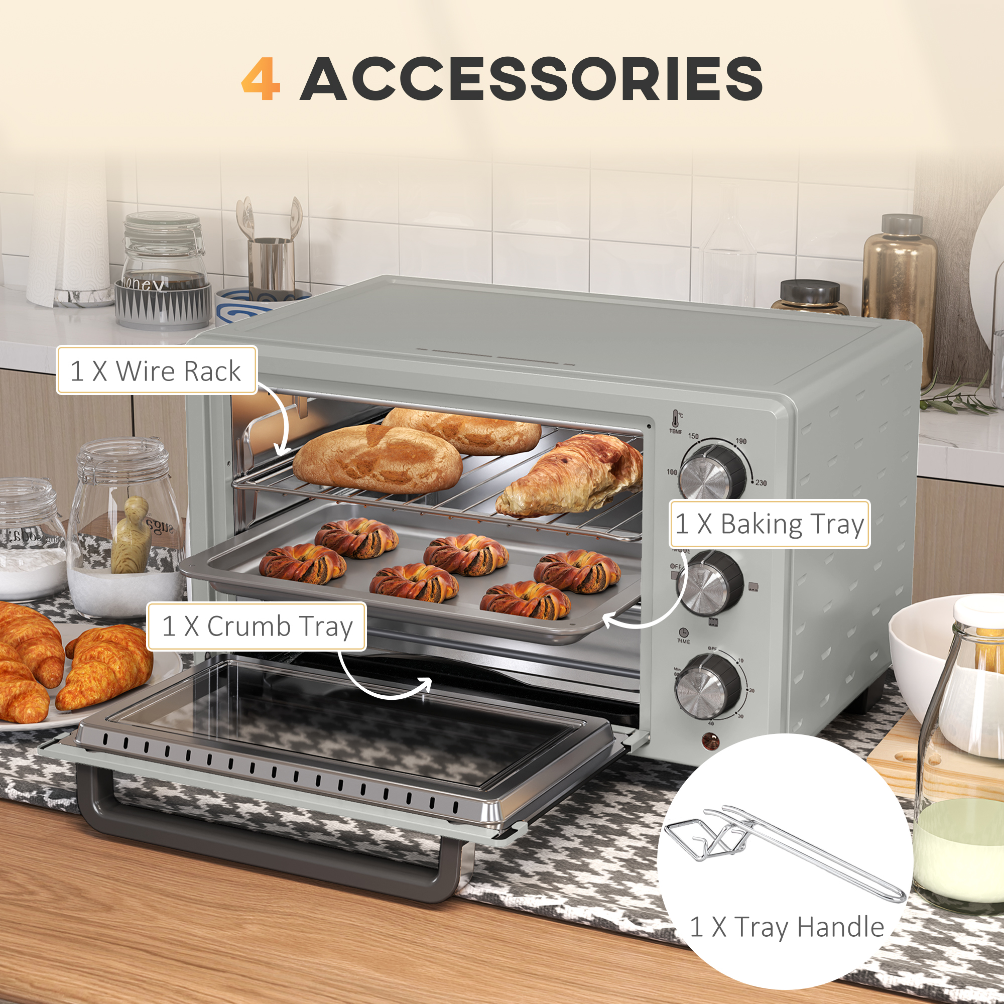 HOMCOM 21L Mini Countertop Oven, 100°C-230°C Adjustable Temp Silver Tone 6