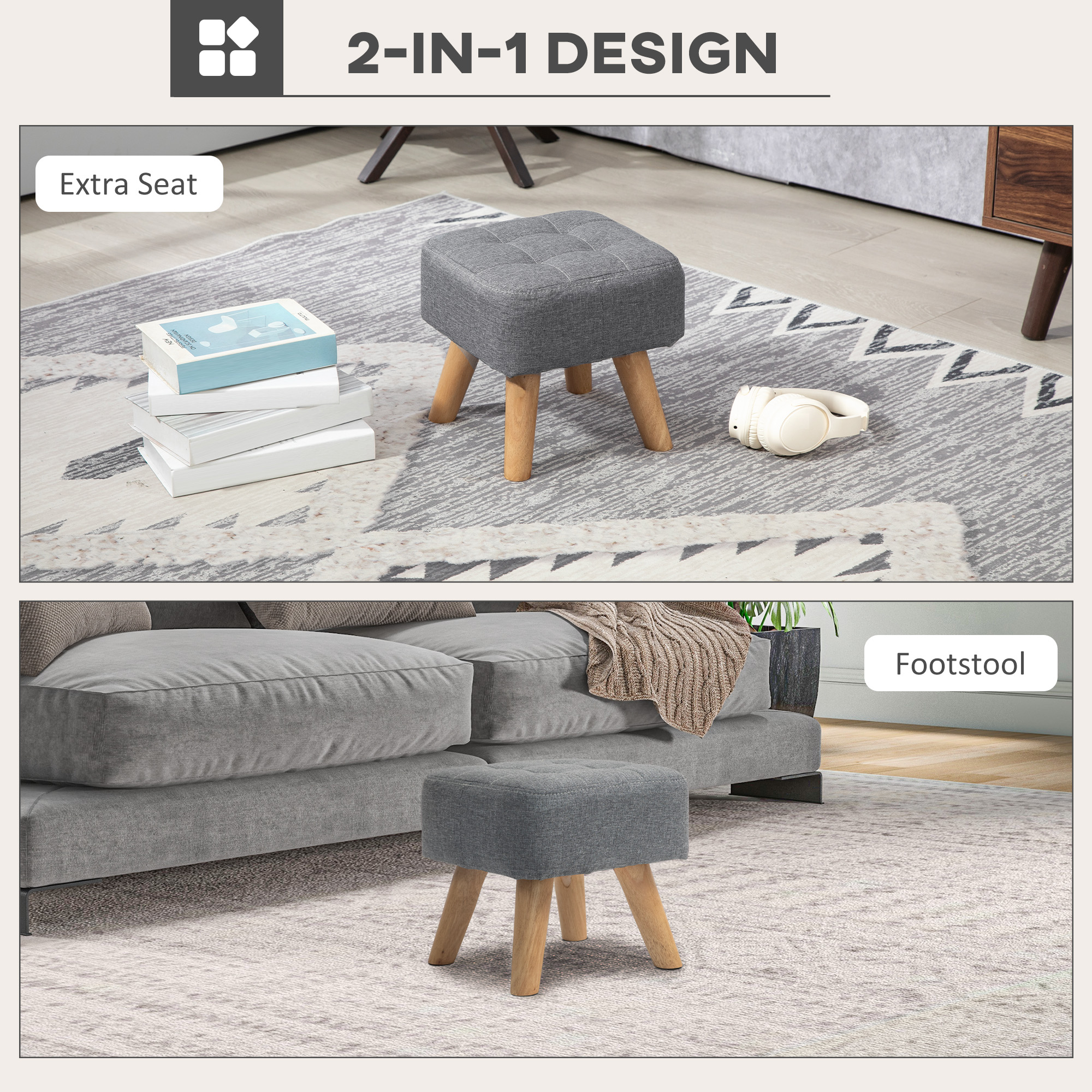 HOMCOM Linen-Look Square Padded Footstool Grey 4