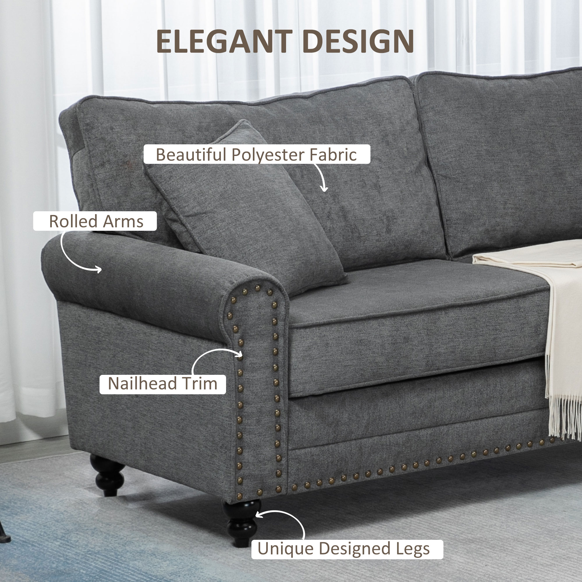 HOMCOM 196cm 3 Seater Sofa, Fabric Sofa with Rubber Wood Legs, Nailhead Trim, 2 Pillows, Small Upholstered Couch Settee for Living Room, Guest Room, Grey 5