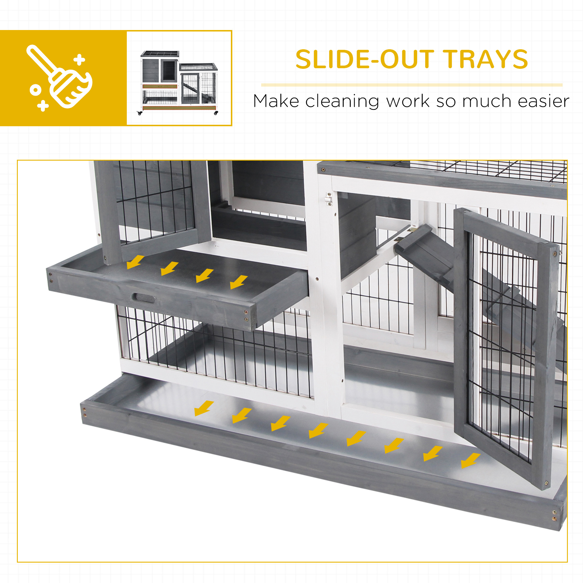 PawHut Wooden Indoor Rabbit Hutch Guinea Pig House Bunny Small Animal Cage W/ Wheels Enclosed Run 110 x 50 x 88 cm, Grey 6