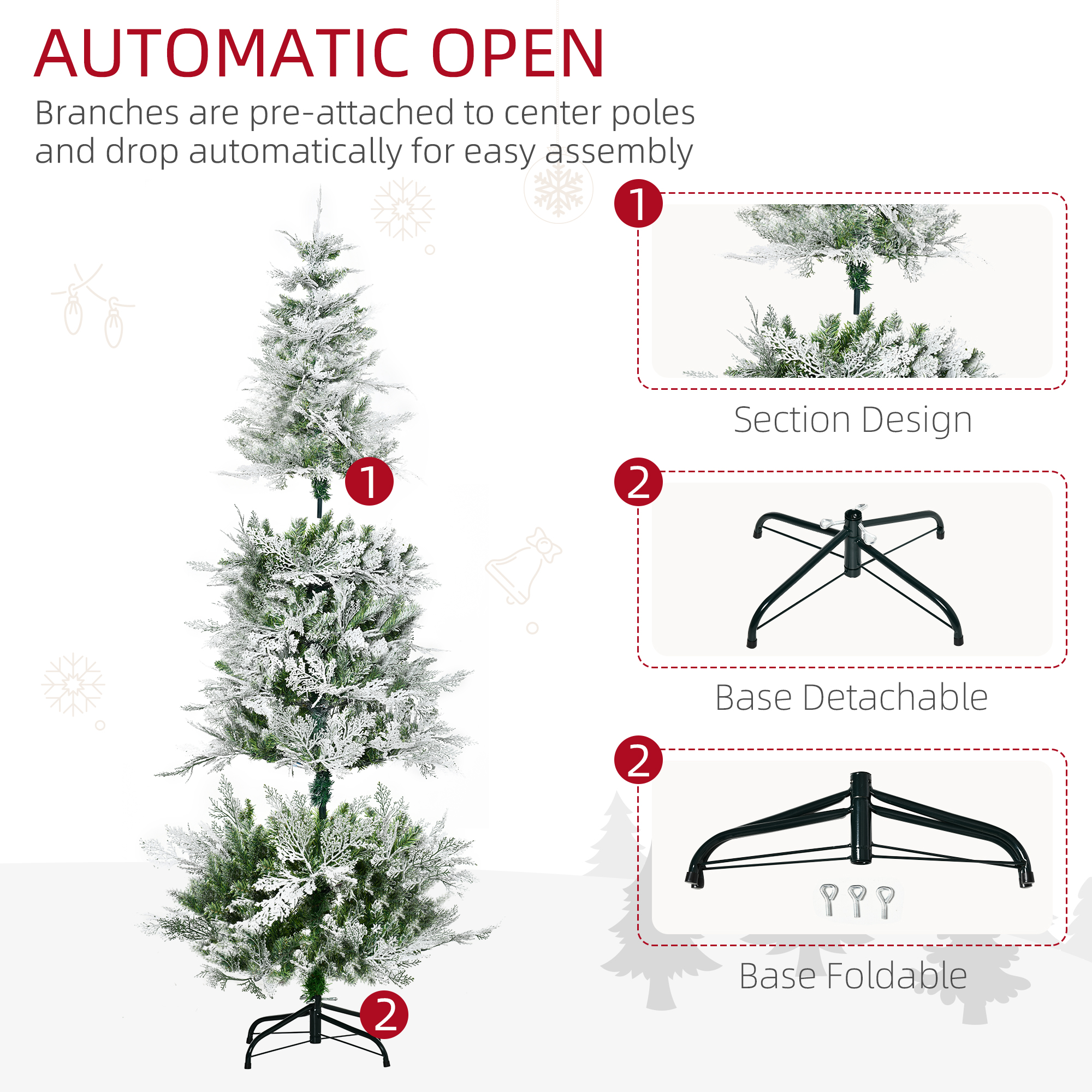 HOMCOM 6 Ft Pencil Snow Flocked Artificial Christmas Tree with Realistic Cypress Branches, Auto Open, Green 6