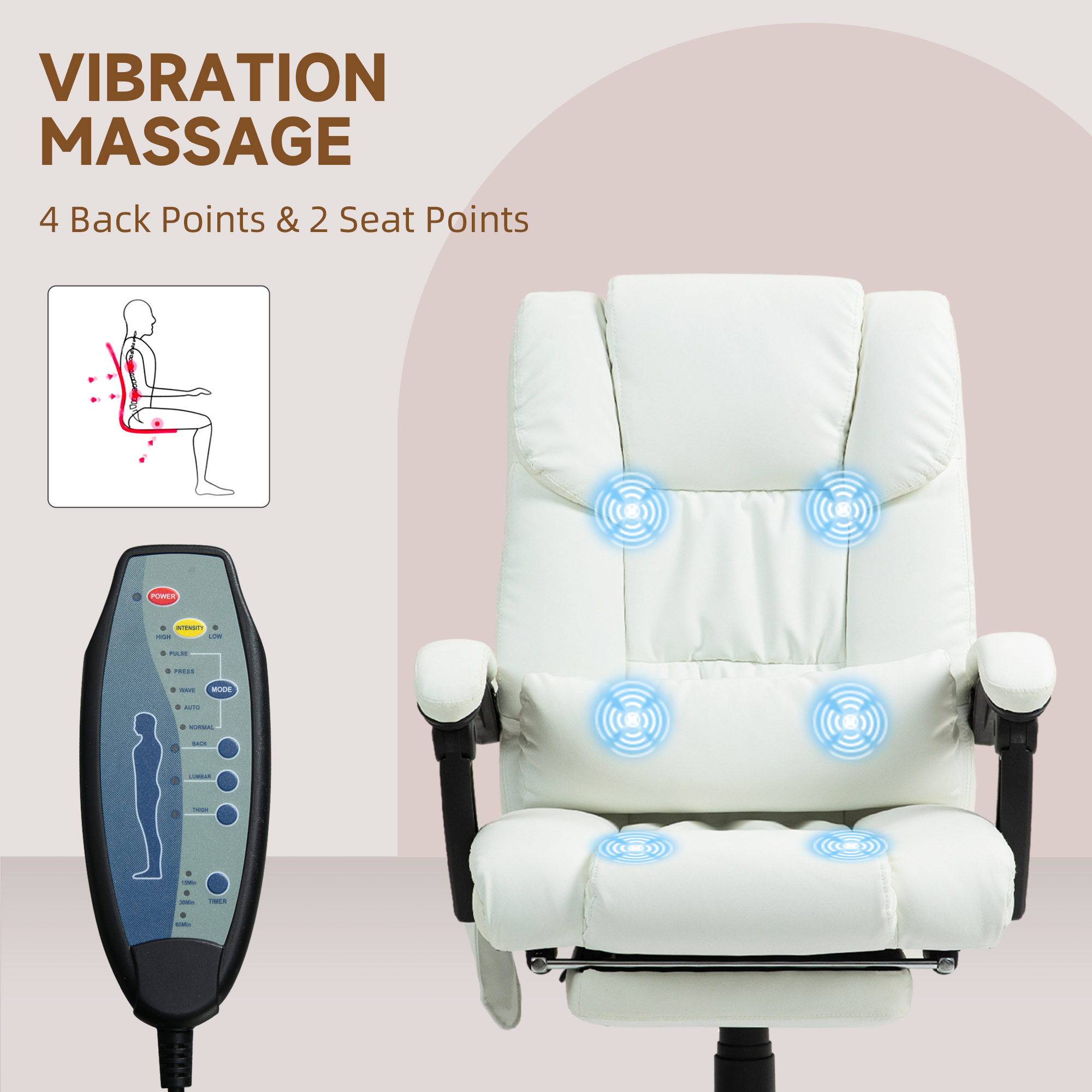 Vinsetto 6-Point Massage Office Chair, PU Leather Desk Chair with Adjustable Height and Footrest for Home Office, White 6