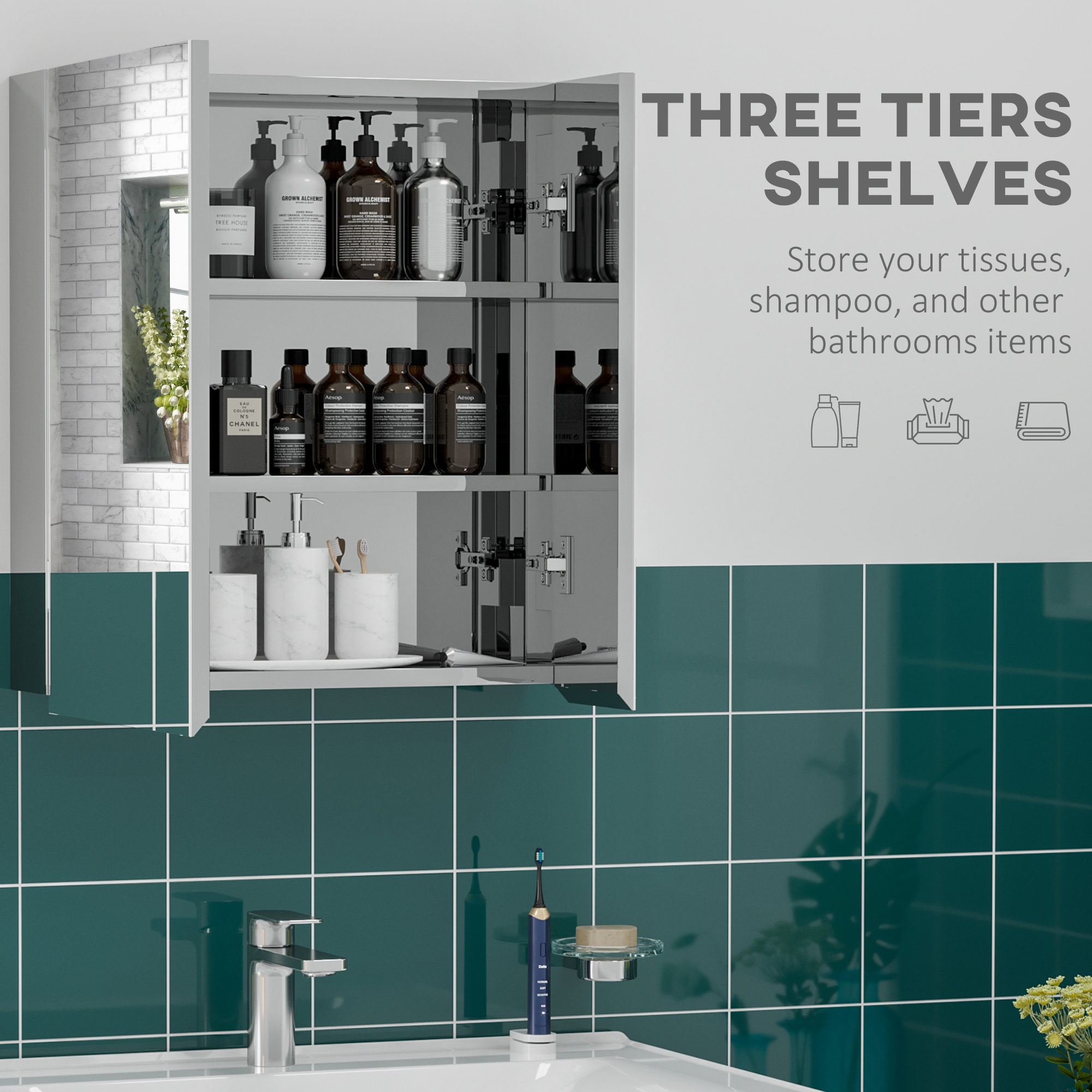 kleankin Bathroom Mirror Cabinet, Wall Mounted Medicine Cabinet with Hinged Door, Storage Shelves for Laundry Room 4