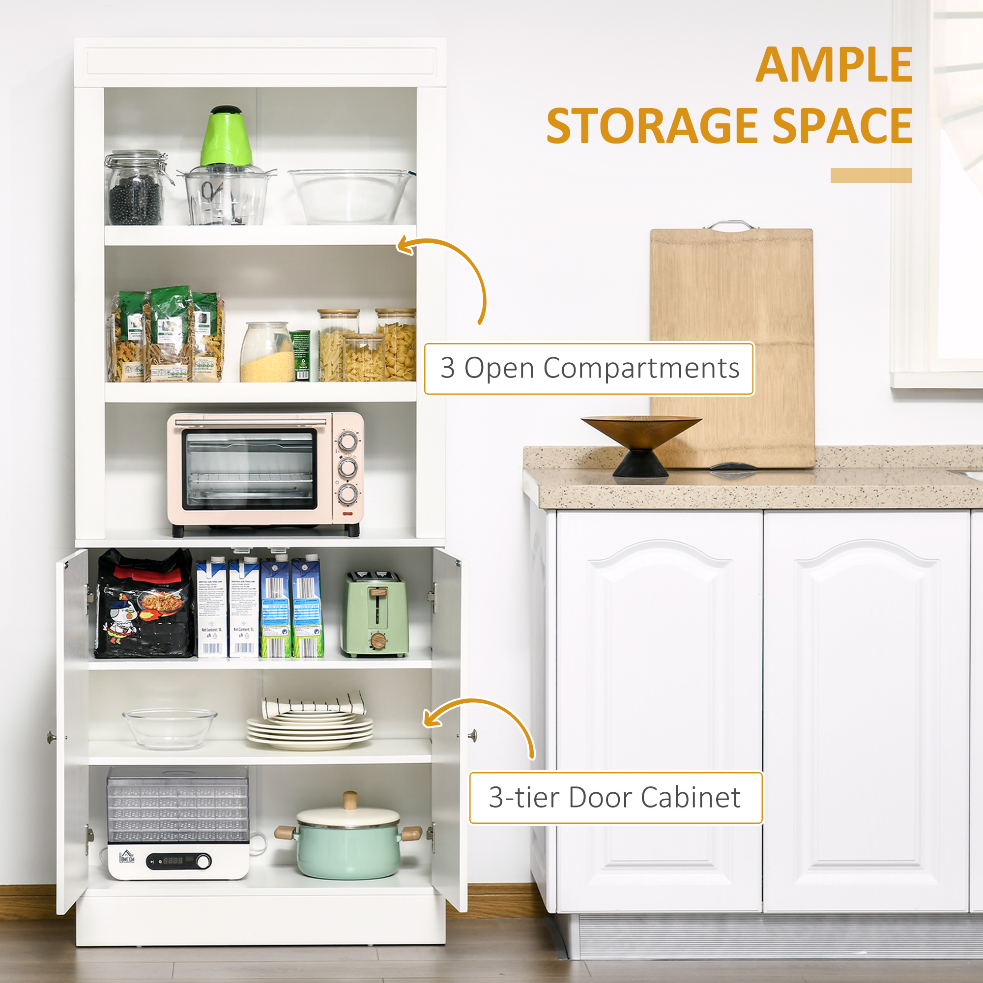 HOMCOM Kitchen Cupboard with 6-tier Shelving, Freestanding Storage Cabinet, Pantry Cupboard with 3 Open Compartments and Double-door Cabinet with Adjustable Shelves, White 4