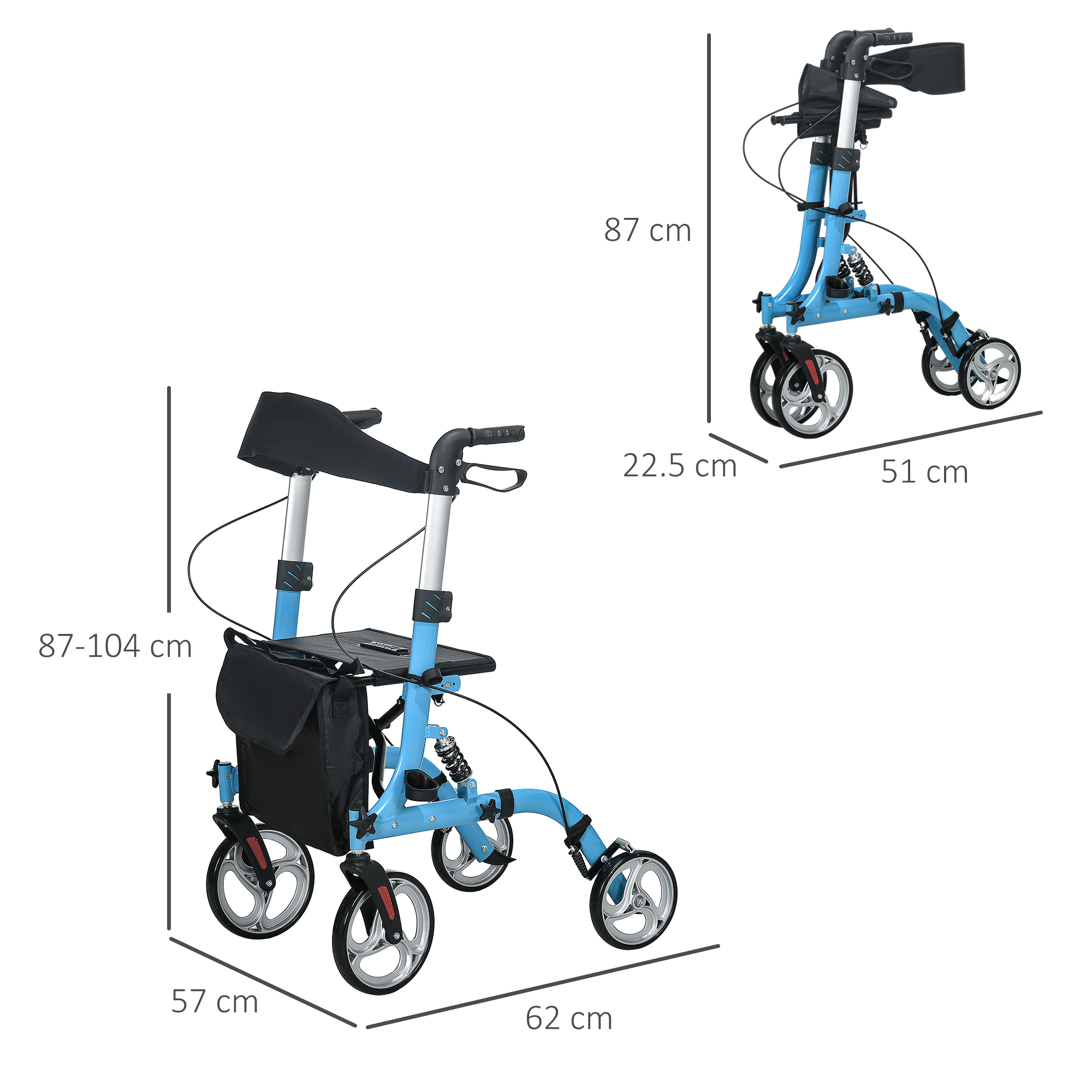 HOMCOM 4 Wheel Rollator with Seat and Back, Lightweight Folding Mobility Walker with Large Wheels, Carry Bag, Adjustable Height, Aluminium Walking Frame with Dual Brakes for Seniors, Blue 3