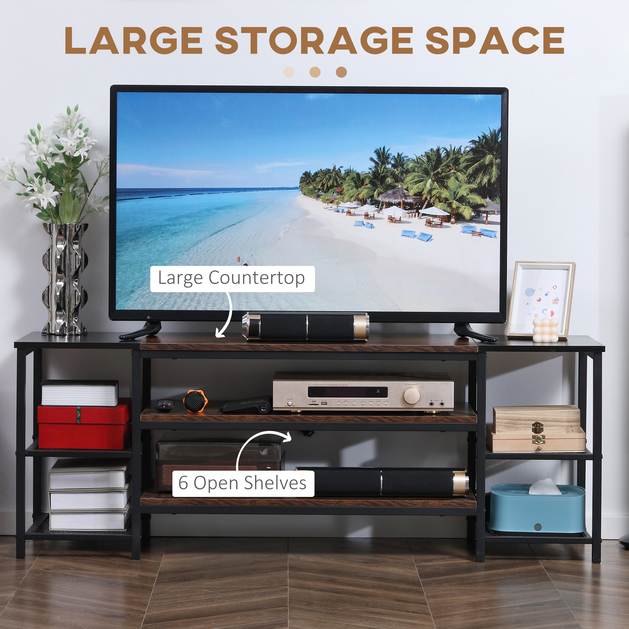 HOMCOM TV Unit Cabinet for TVs up to 60 Inches, Industrial TV Stand with Storage Shelves for Living Room, Brown and Black 5