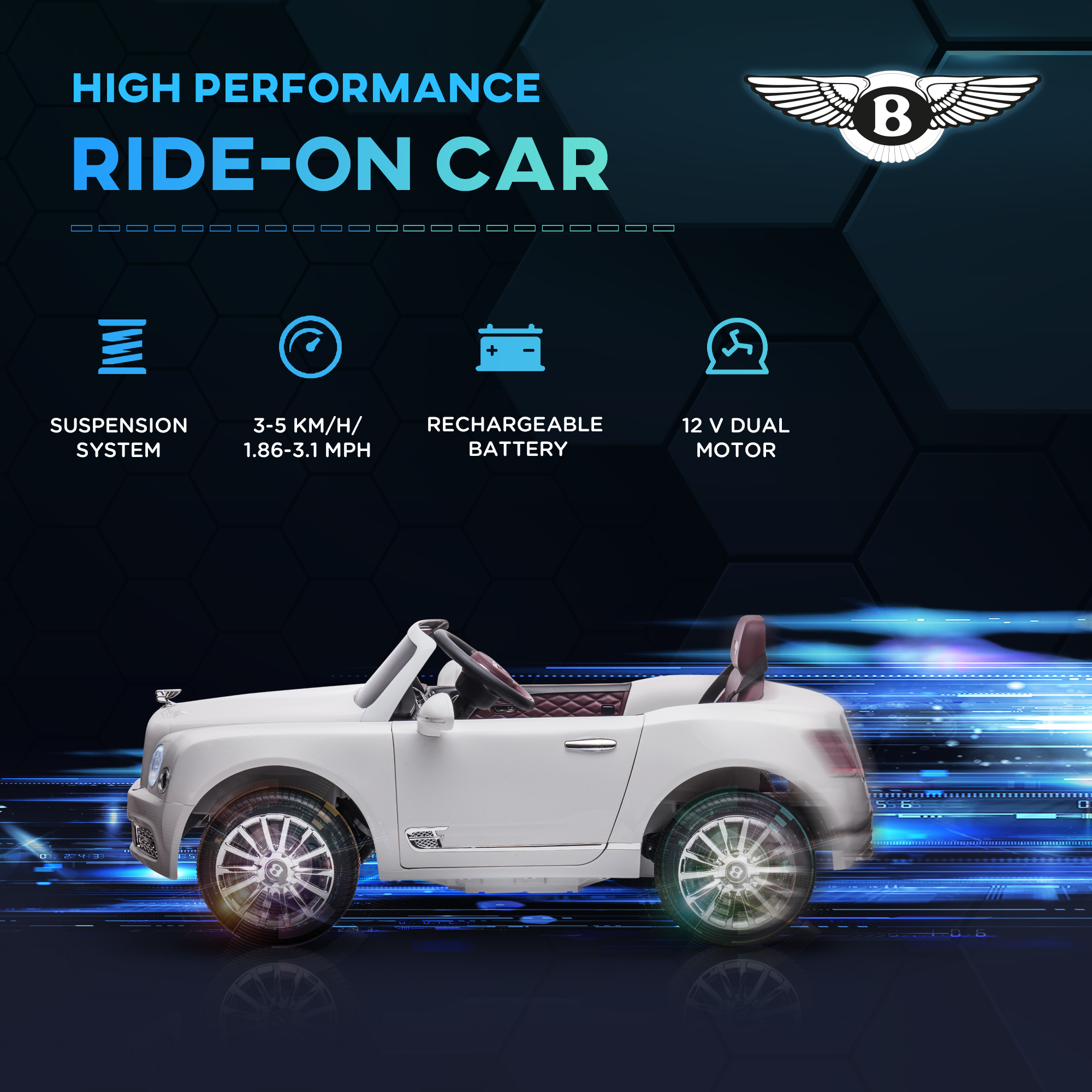 HOMCOM Bentley Mulsanne Licensed Kids Electric Ride-On Car, with Remote Control. LED lights, Music White 4