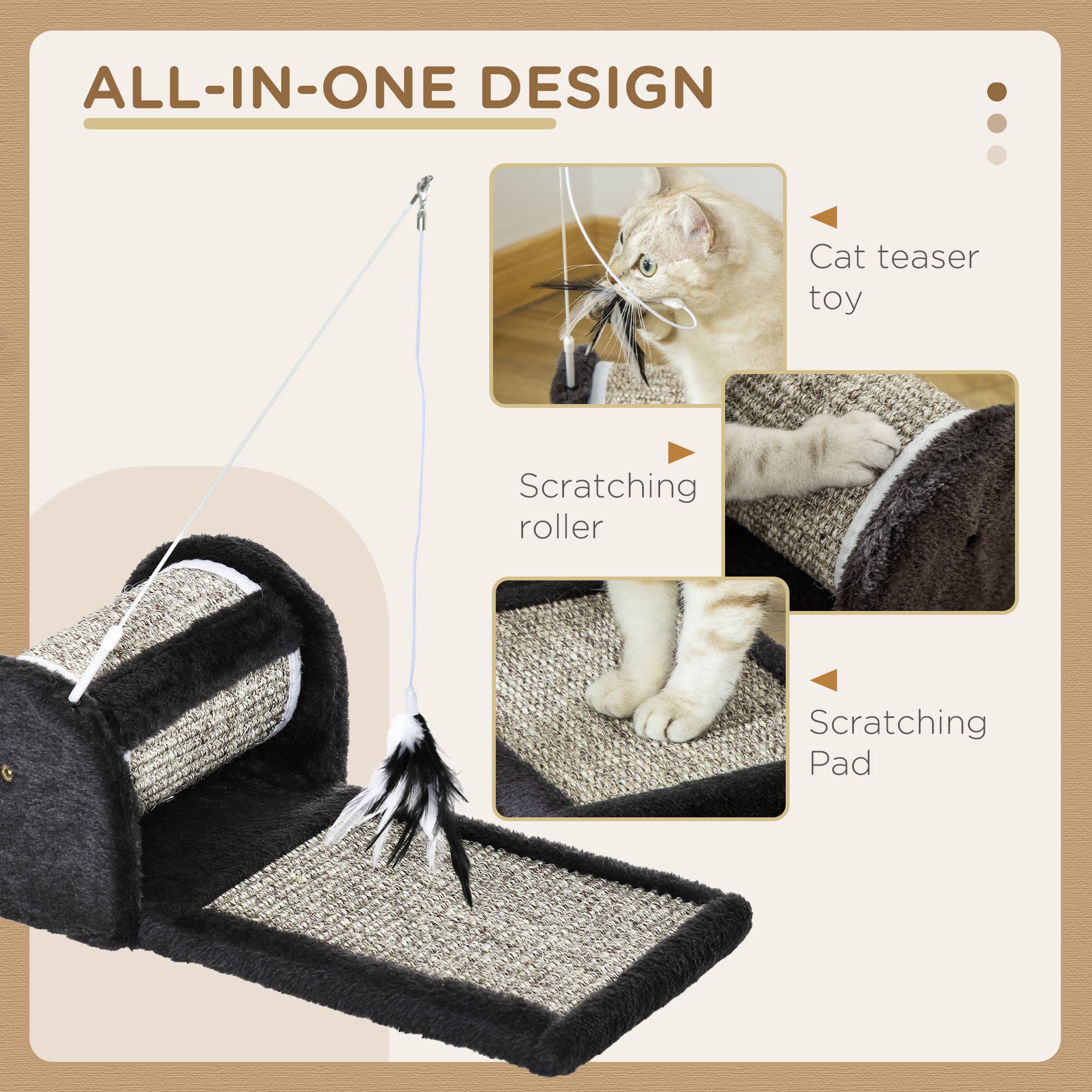 PawHut Cat Scratcher, Sisal Cat Scratching Board Mat Pad with Roller, Feather Toy, 44 x 24 x 16 cm, Grey 4