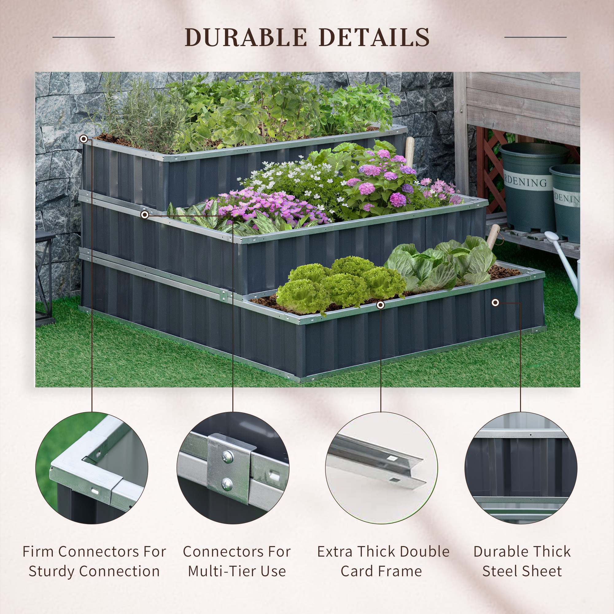 Outsunny 3 Tier Raised Garden Bed, Metal Elevated Planer Box Kit Flower Pot w/ A Pairs of Glove for Garden, Patio to Grow Vegetables, Herbs, Flowers, 118 x 118 x 62 cm, Grey 6