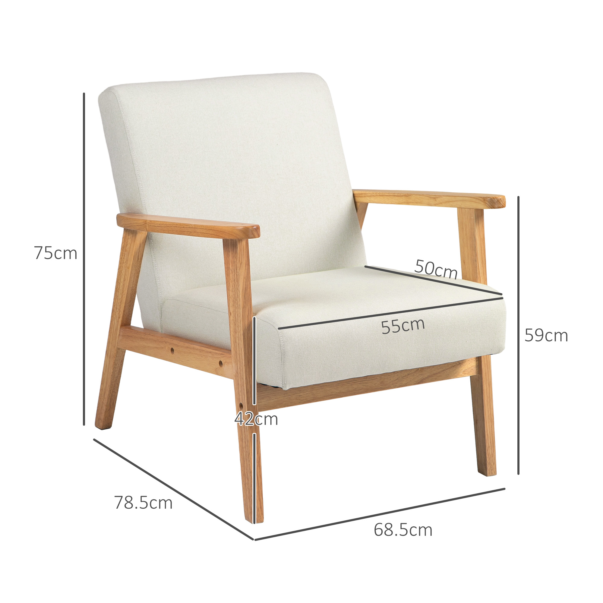 HOMCOM Fabric Accent Chair for Living Room, Arm Chair with Rubber Wood Frame and Padded Cushion, Cream White 3