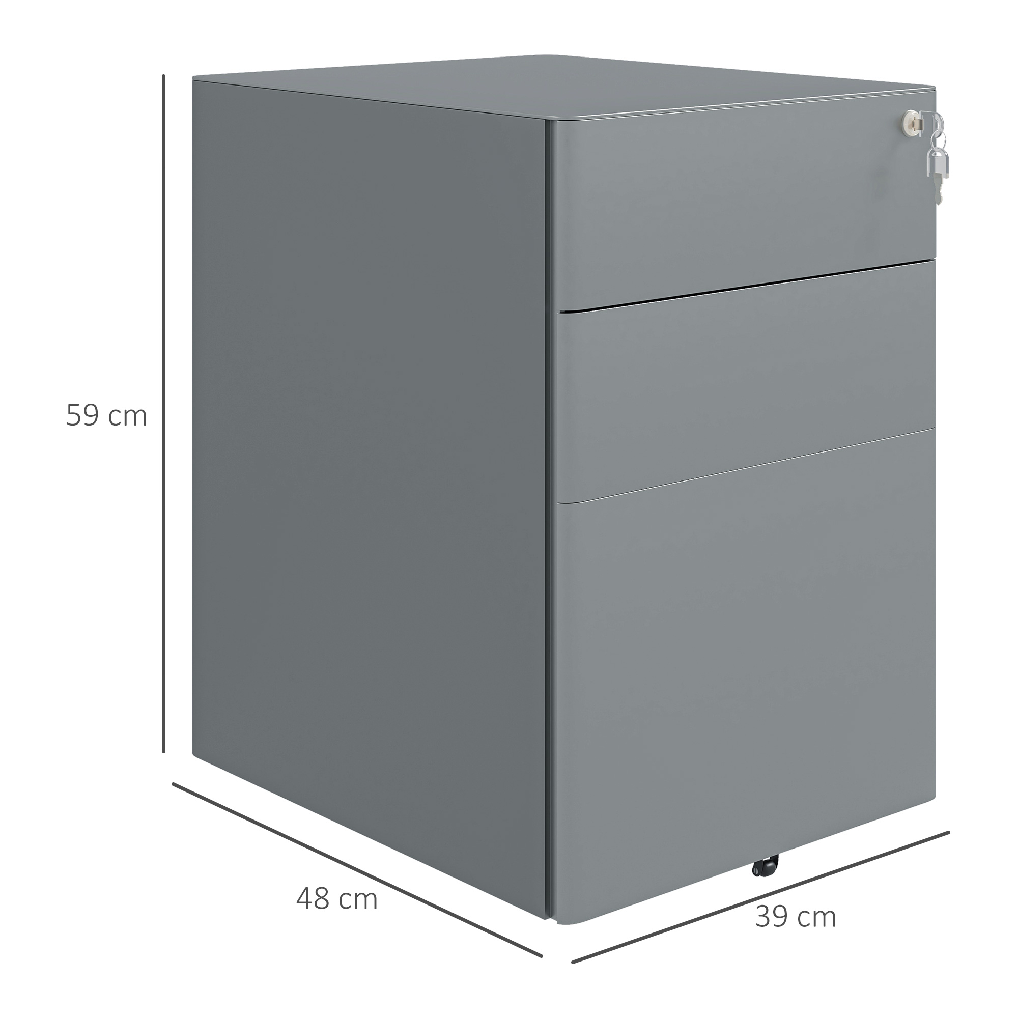 Vinsetto Lockable Cabinet, Rolling Filing Cabinet with 3 Drawers, Steel Office Drawer Unit for A4, Letter, Legal Sized Files 3