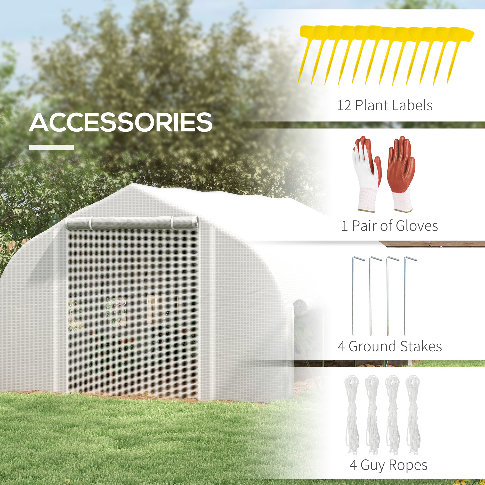 Outsunny 4 x 3(m) Walk-in Polytunnel Greenhouse, Zipped Roll Up Sidewalls, Mesh Door, 8 Mesh Windows, Tunnel Warm House Tent with PE Cover, Complimentary Plant Labels and Gloves, White 7