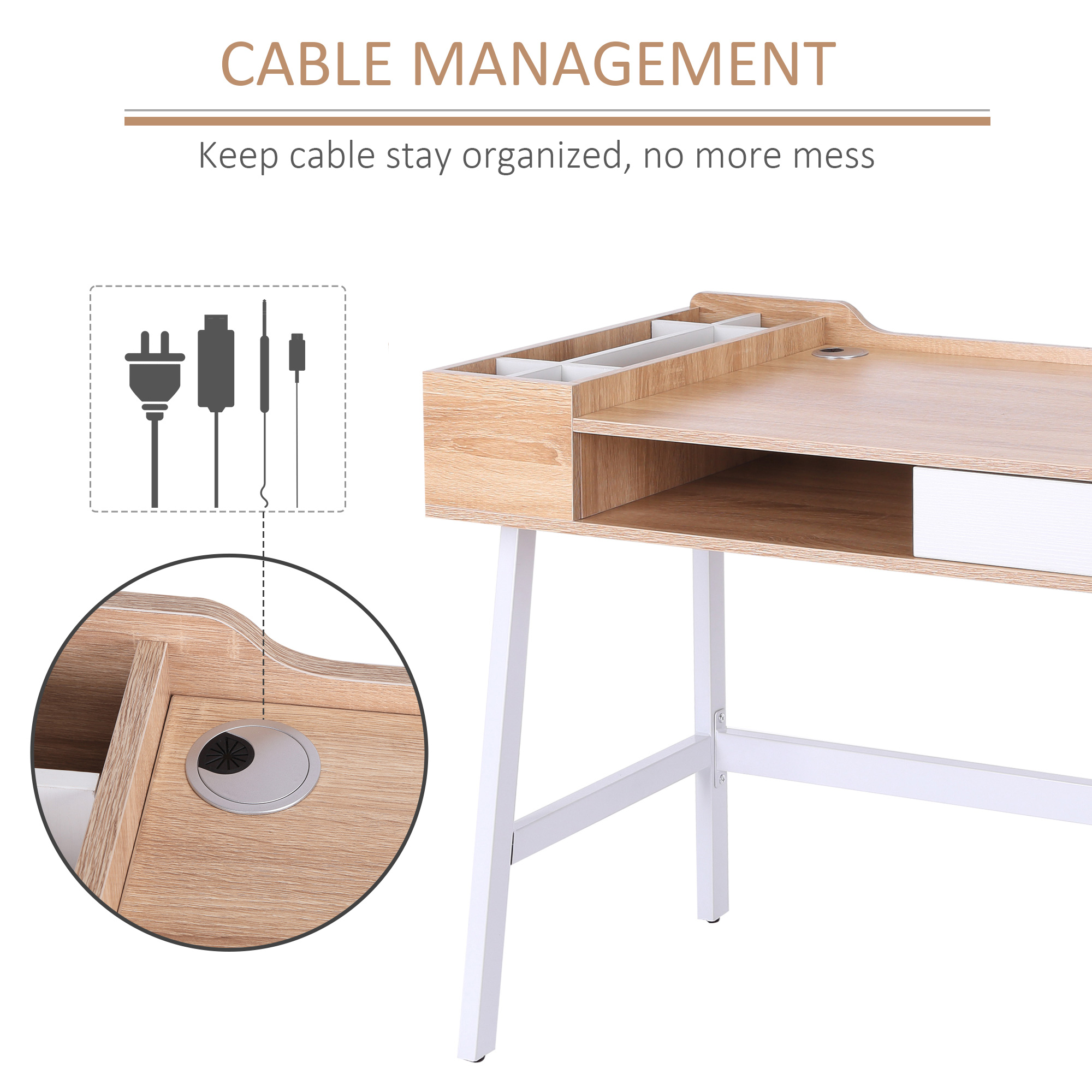 HOMCOM Computer Desk, Writing Desk, Study Workstation with Drawer, Storage Compartments, Cable Management, Laptop Table, Metal Frame, 100 x 55 x 81.5cm, Oak and White 5