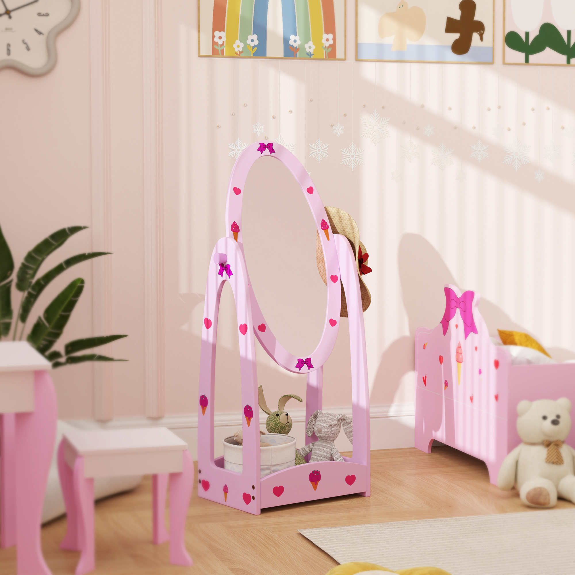 AIYAPLAY Kids Full Length Mirror, 360° Rotating Children Standing Mirror with Storage Shelf, Pink 7