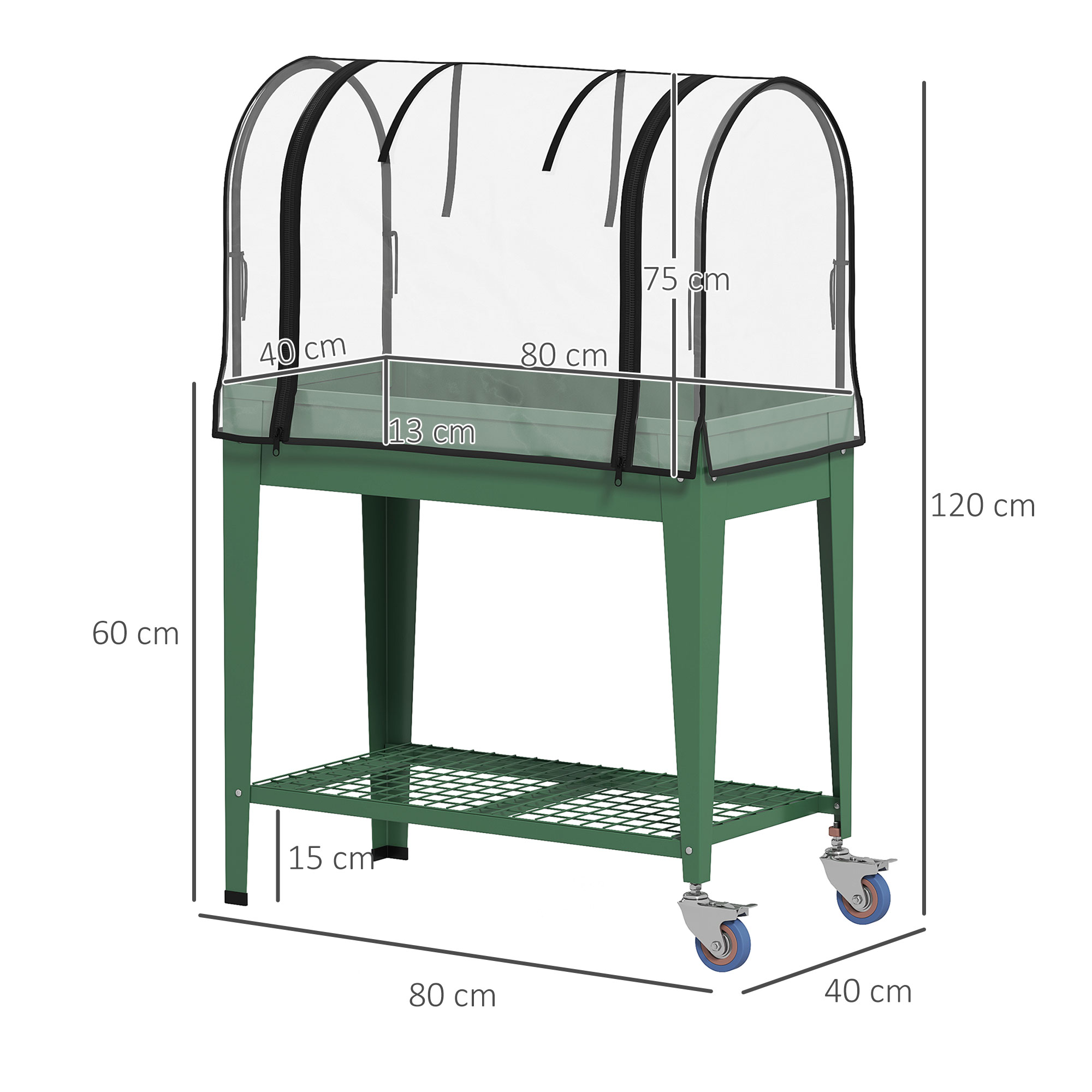 Outsunny Raised Planter with Greenhouse Cover, Mobile Elevated Garden Bed with Wheels and Bottom Shelf for Vegetables, Green 3