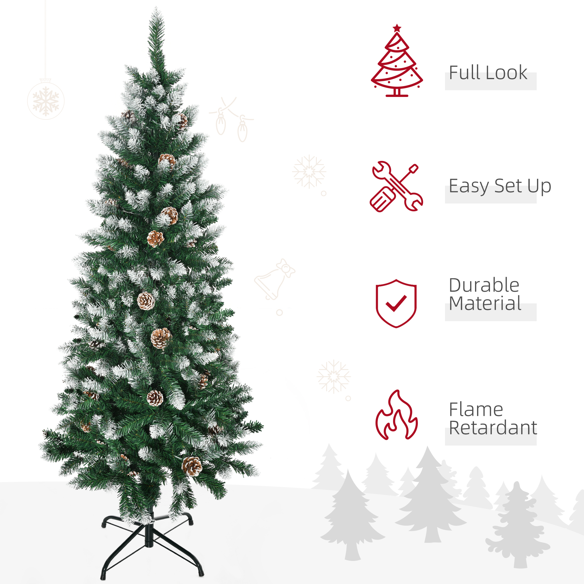 HOMCOM 5 Ft Snow Artificial Christmas Tree with Realistic Branches, Pine Cone, for Indoor Decoration, Green White 4