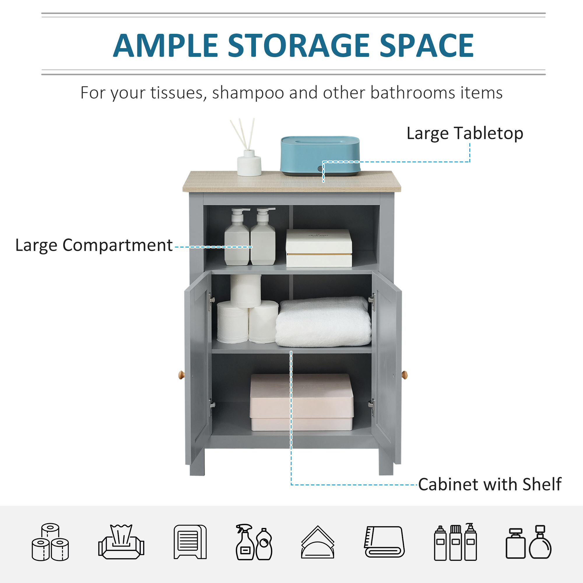 kleankin Bathroom Floor Cabinet, Free Standing Cupboard with Double Doors and Adjustable Shelf for Kitchen, Hallway, Living Room, Grey 5