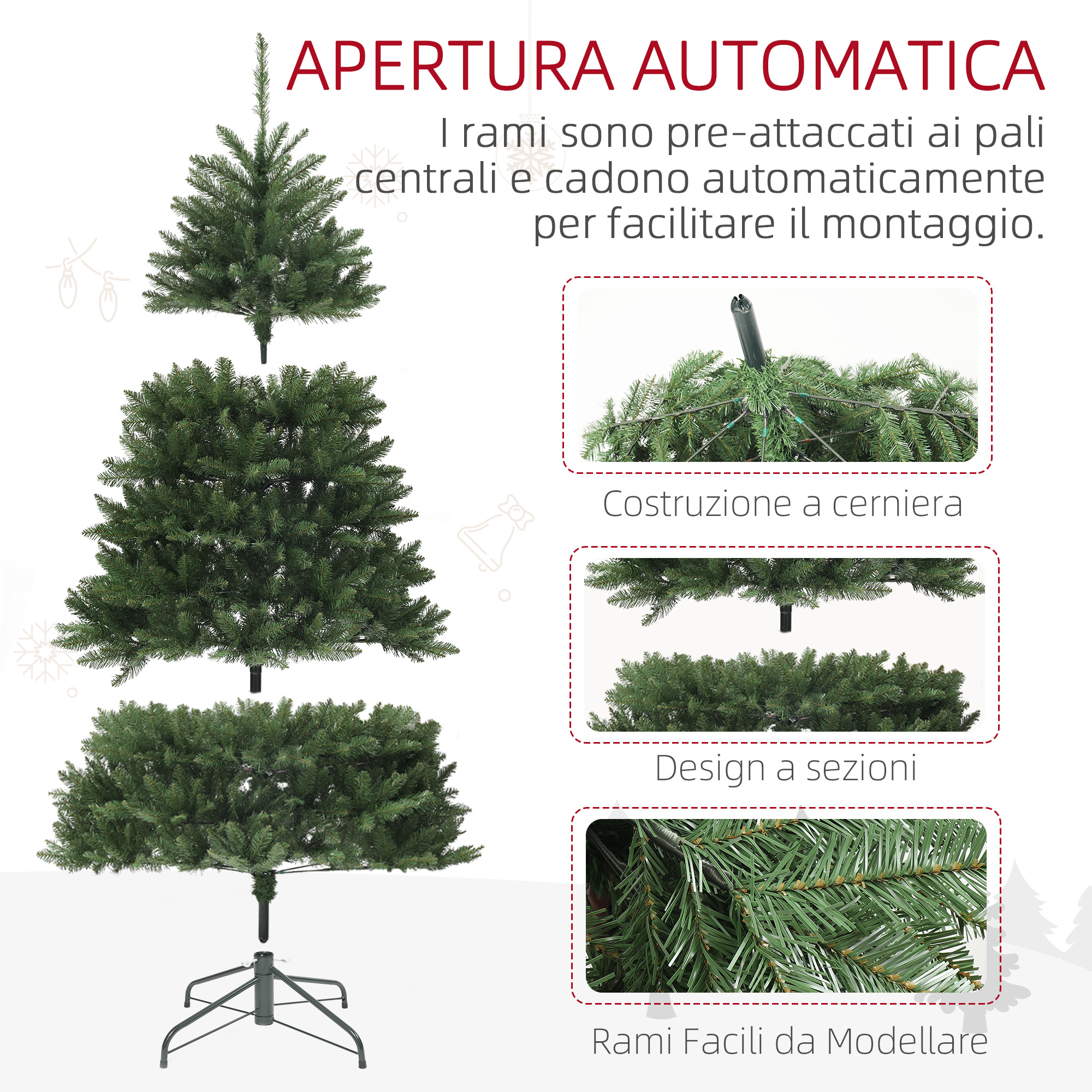 HOMCOM Albero Di Natale Artificiale Bianco 1,5m - Sottile, Con Rami Realistici E Base Inclusa