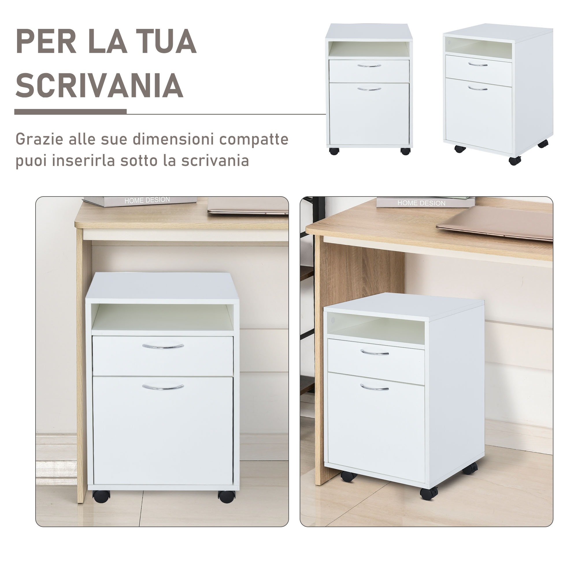 Cassettiera Mobile HOMCOM 3 Cassetti Con Rotelle - In Legno Bianco, 34x40x60.5 Cm, Per Documenti E Oggetti