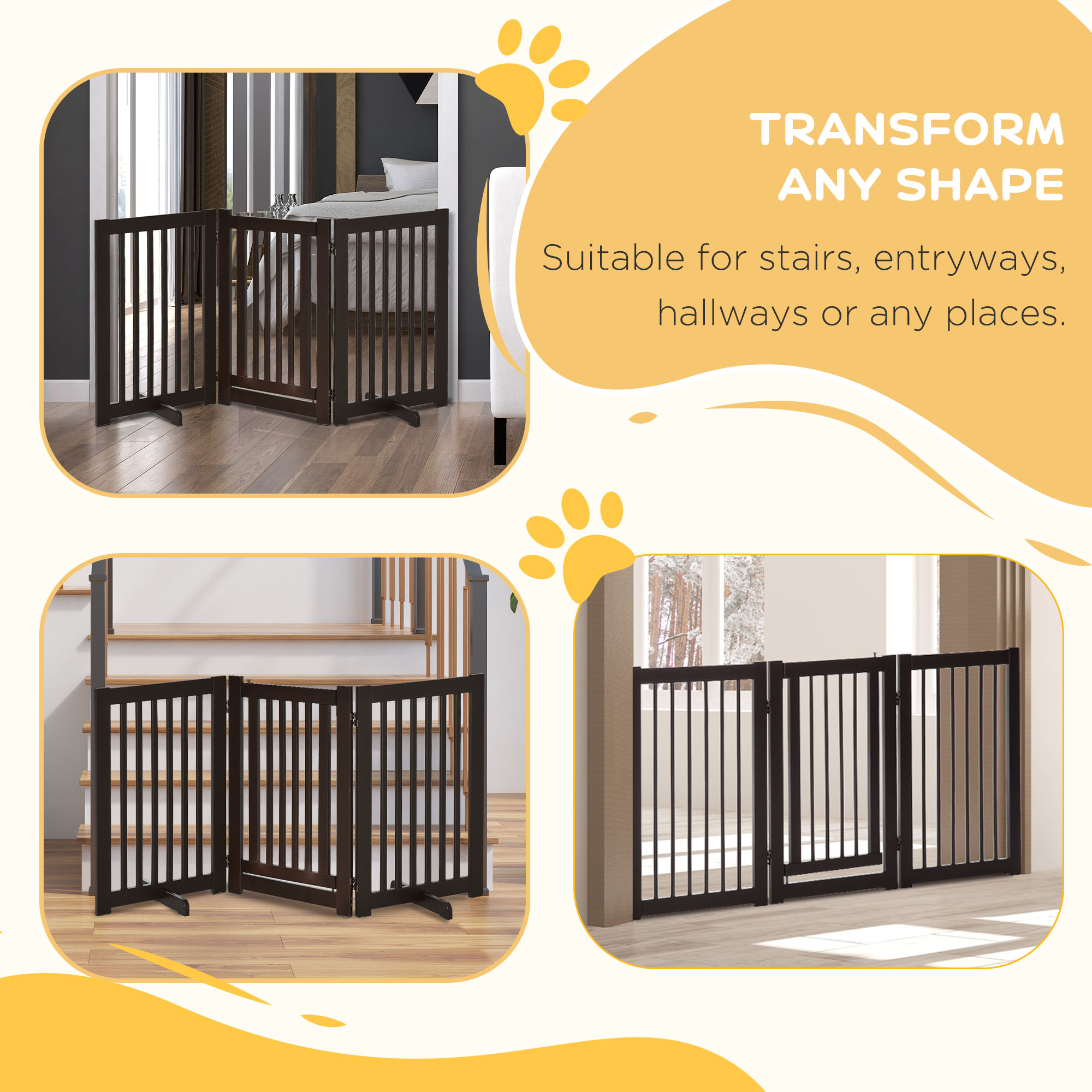 PawHut Freestanding Dog Gate, Foldable Pet Fence, Indoor Barrier, Stair Gate with Support Feet, 155 x 76 cm, Brown 5