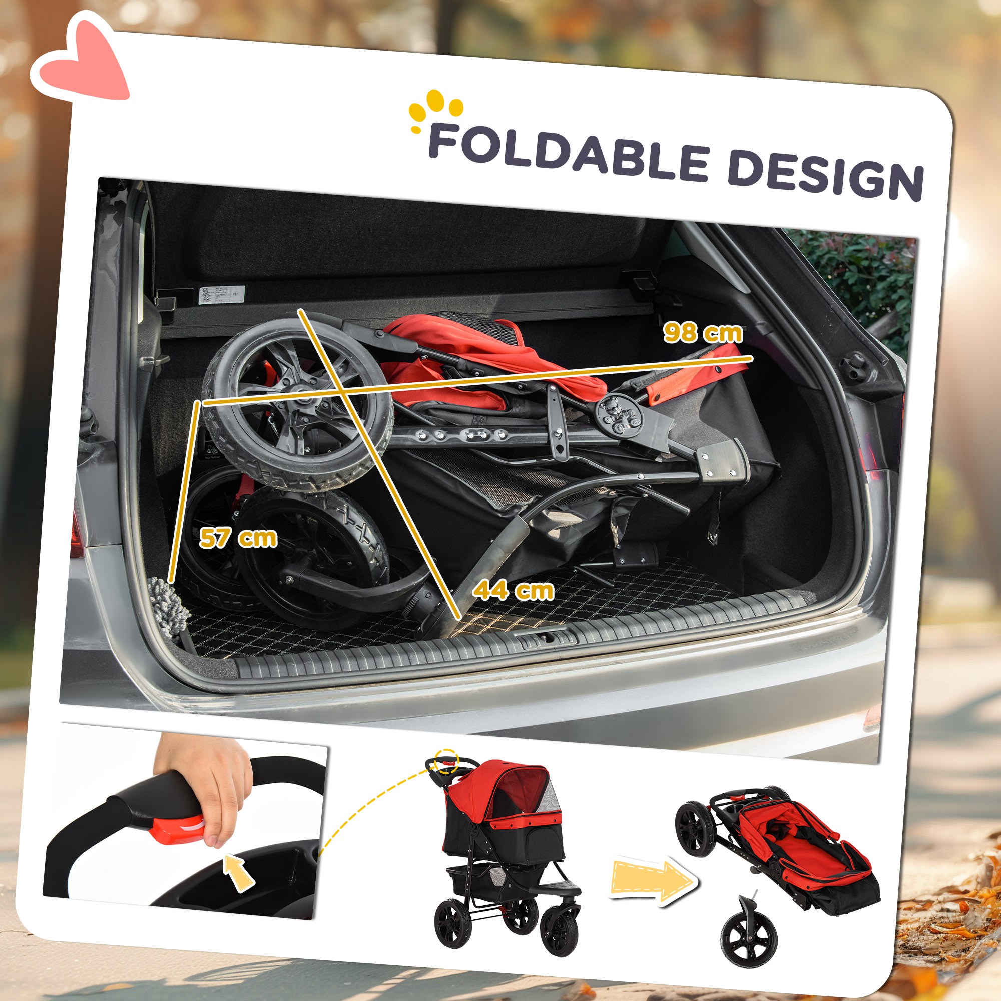 PawHut Dog Stroller Foldable Pet Pram, 3 Wheels Dog Pushchair with Brake, for Small Miniature Breeds, Cats, Red 6