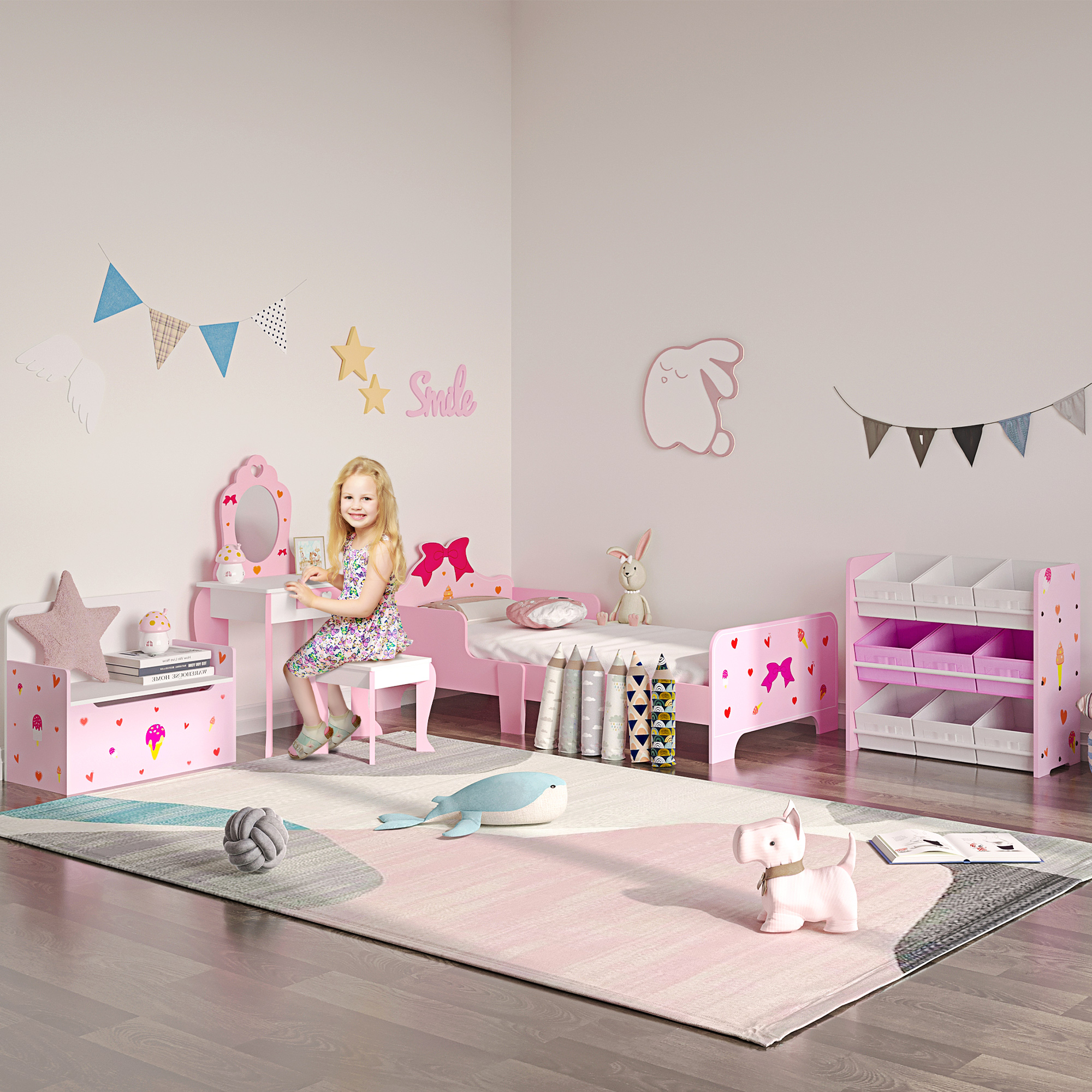 ZONEKIZ Kids Dressing table Set w/ Mirror, Stool, Drawer, Cute Patterns, for Ages 3-6 Years Pink 2