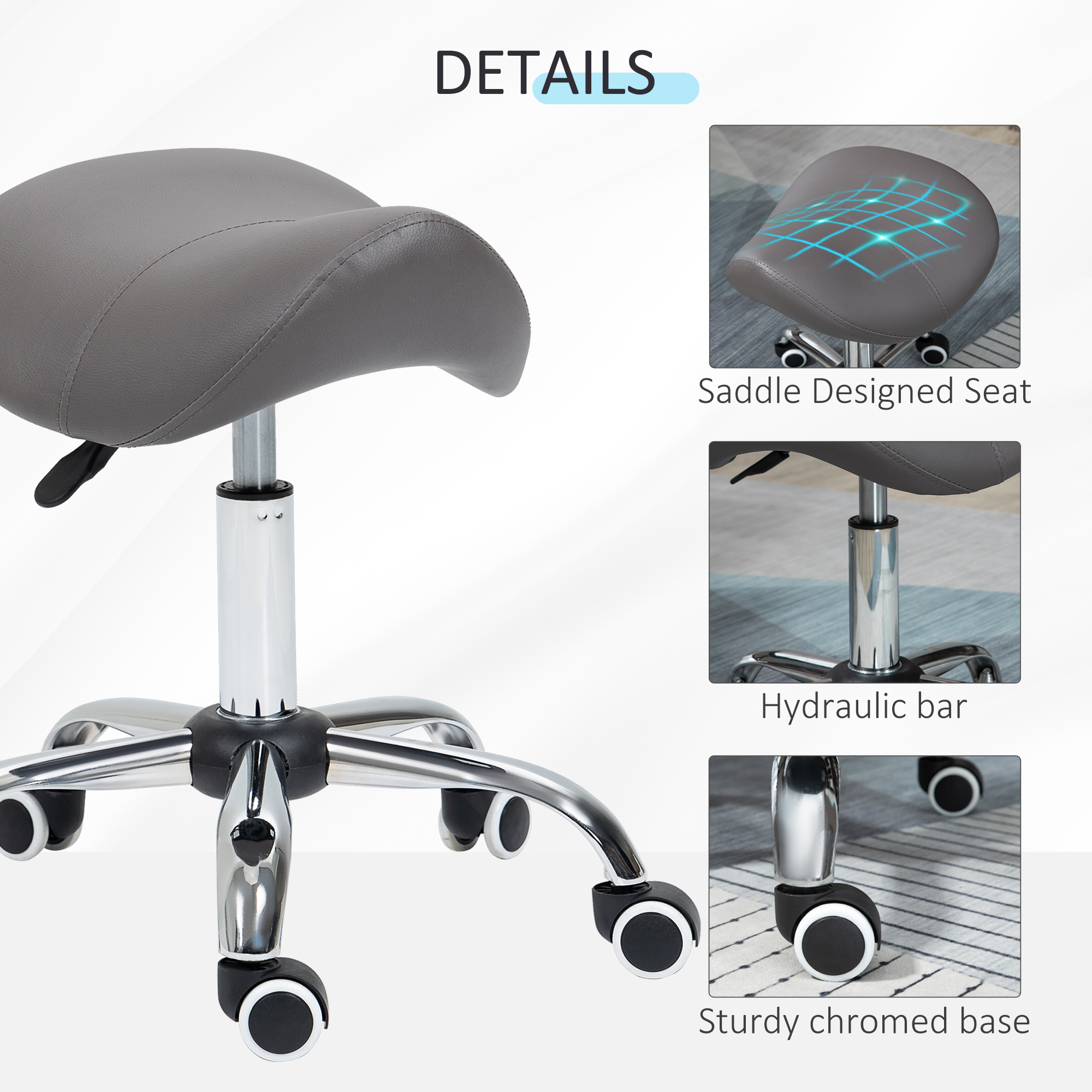 HOMCOM Cosmetic Stool 360° Rotate Height Adjustable Salon Massage Spa Chair Hydraulic Rolling Faux Leather Saddle Stool, Grey 6