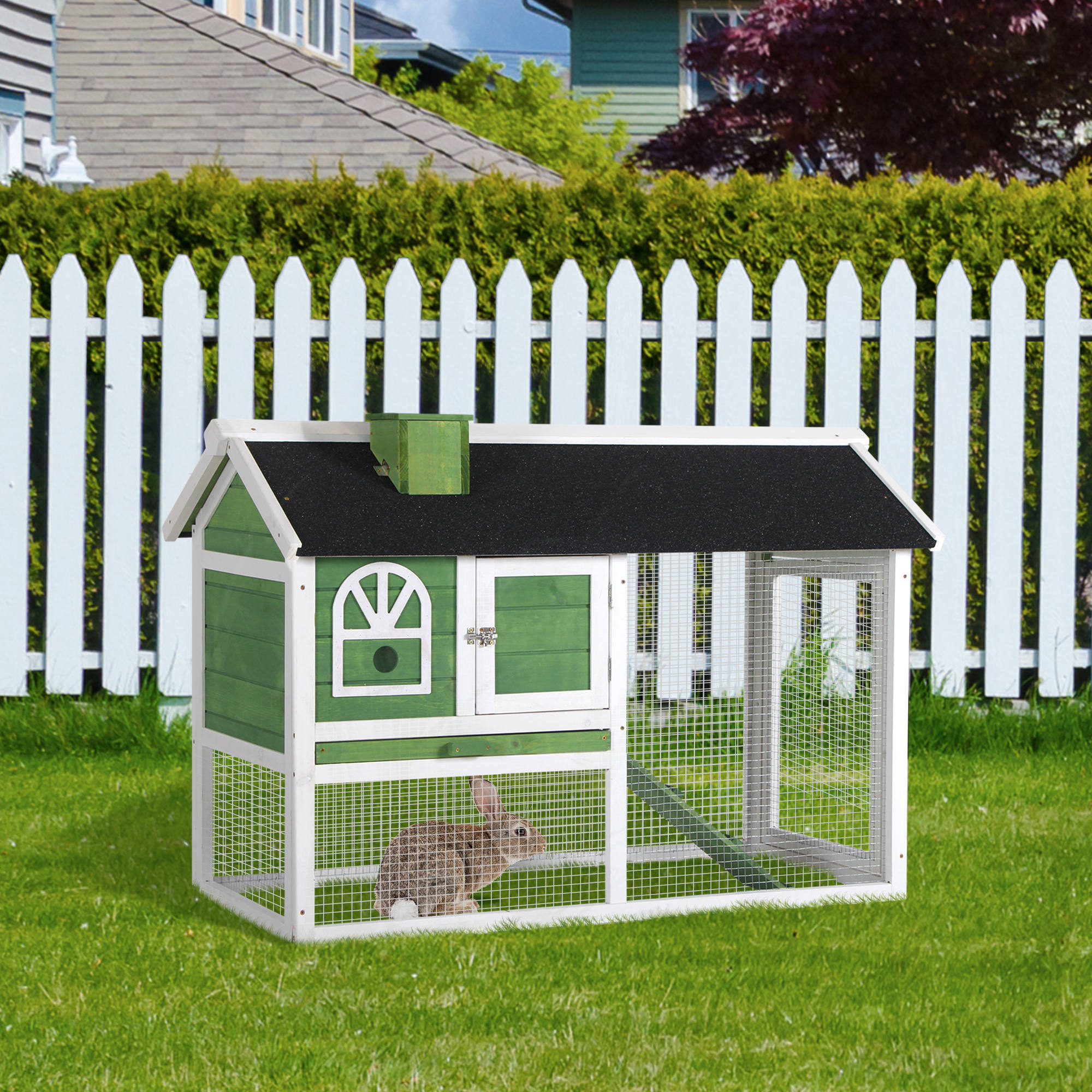 PawHut Wooden Rabbit Hutch and Run with Sliding Tray, Ramp, Water-resistant Roof, for 2-4 Rabbits, Green 2