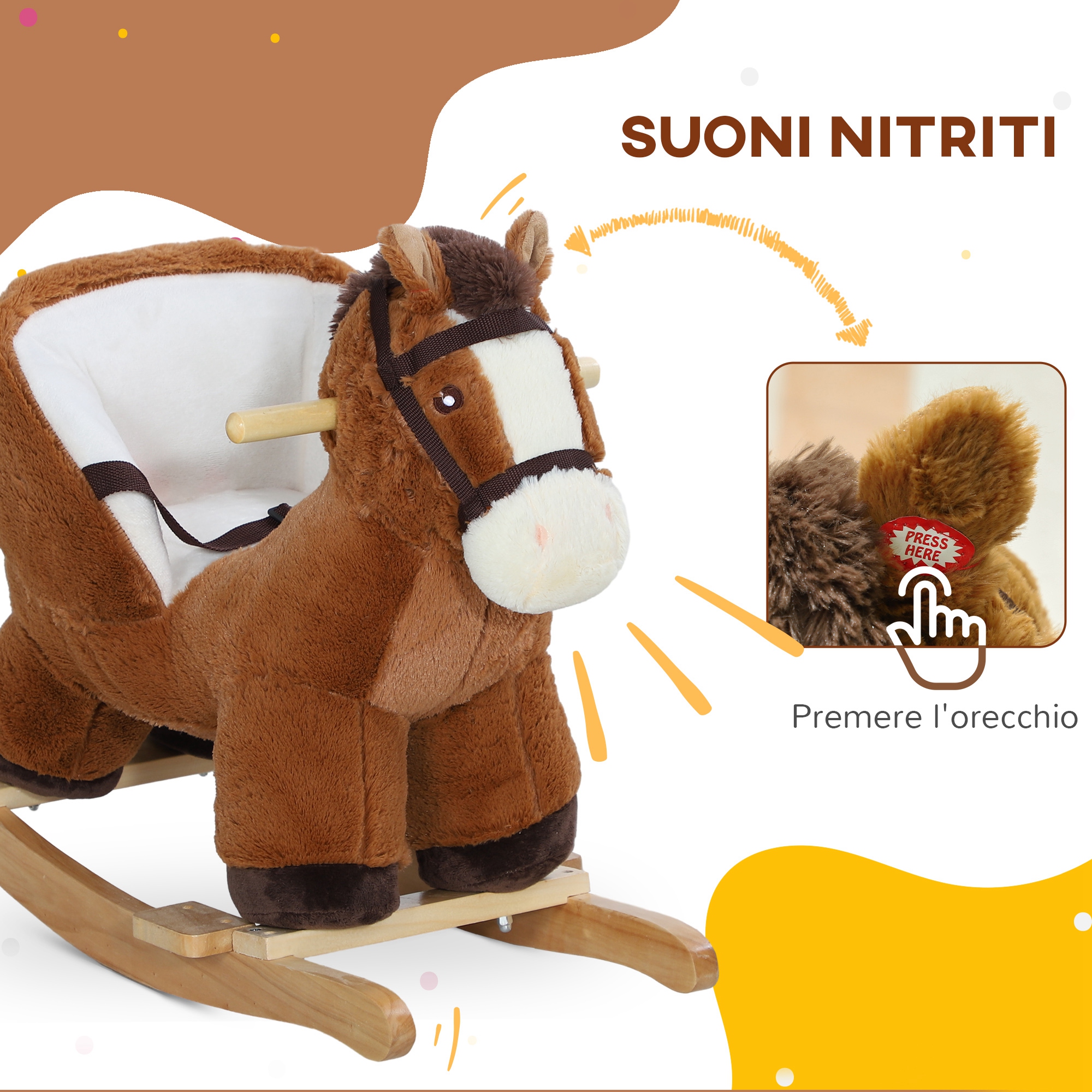 HOMCOM Cavallo A Dondolo Per Bambini Da 18-36 Mesi, Cavalluccio A Dondolo Per Bambini Cavalcabile Con Suoni Realistici 60x33x50 Cm Marrone