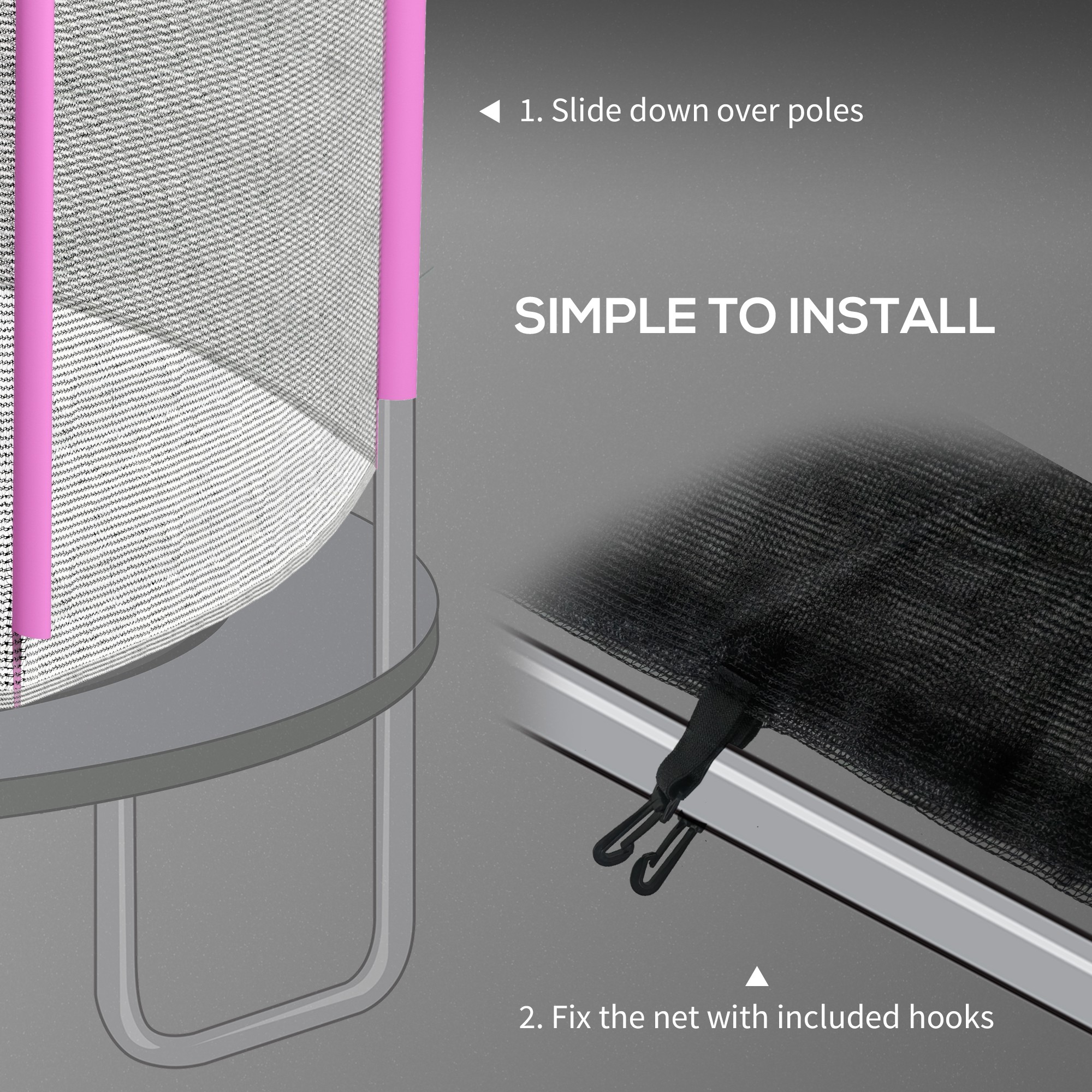 SPORTNOW 10ft Trampoline Net Replacement with 6 Plastic Pole Covers, Weather-Resistant Trampoline Netting Replacement with Zipped Entrance, Poles Not Included, Pink 6