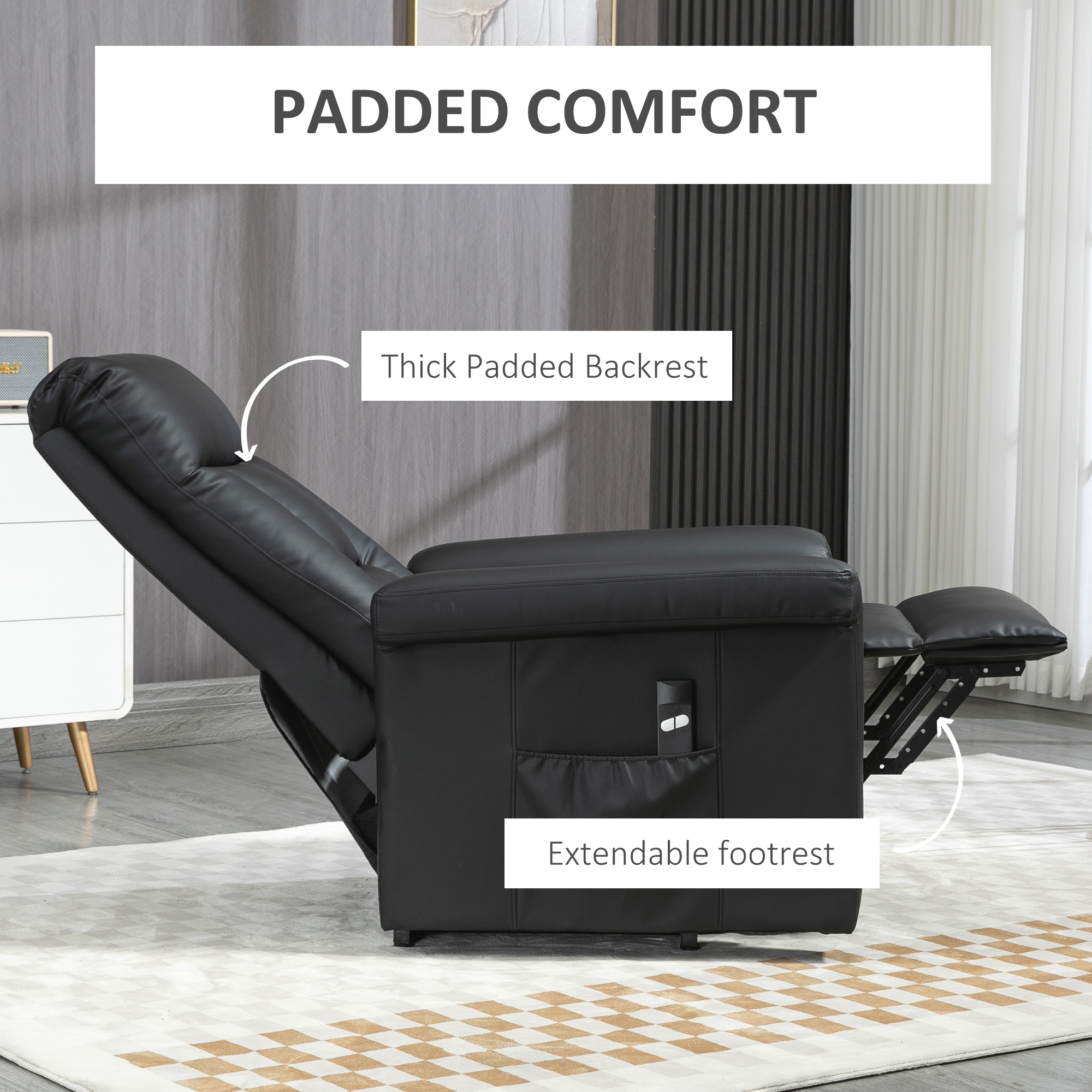 HOMCOM Power Lift Chair Armchair for the Elderly, PU Leather Recliner Chair with Extended Footrest, Remote Control and Side Pocket, Black 7