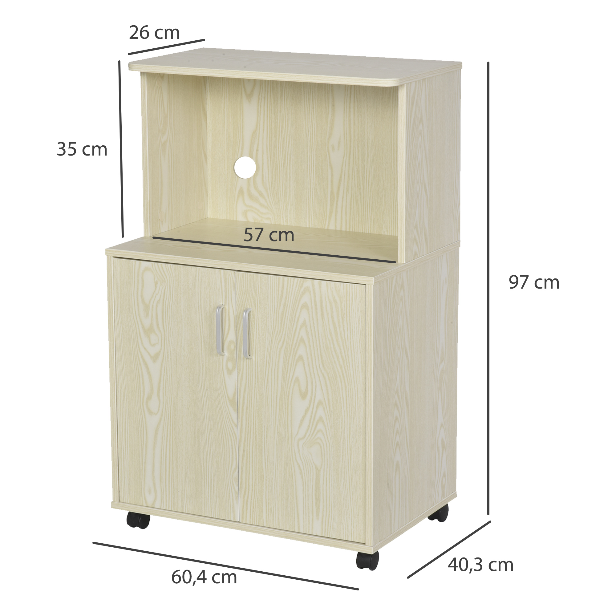 HOMCOM Kitchen Storage Unit, Modern Microwave Stand Trolley Cart, Sideboard with Cabinet,  Locking Wheels, Shelf for Living Room, Dining Room, Oak Tone 3