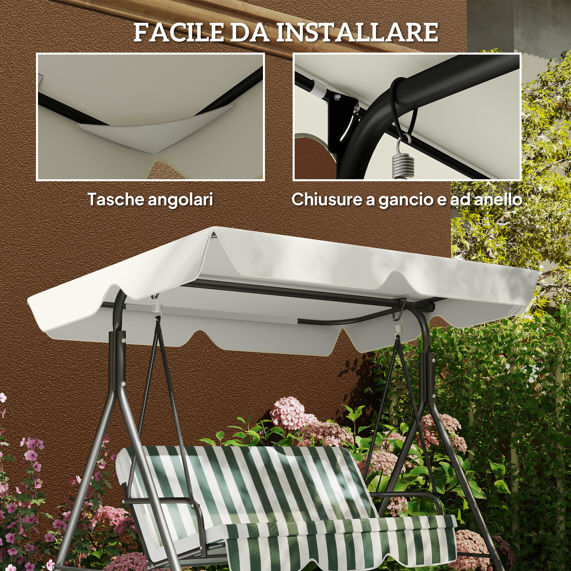 Tetto Di Ricambio Per Dondolo 3 Posti Outsunny - Impermeabile E UV30+, In Oxford 230g/m² - Colore Crema, 210x145 Cm - Foto 11