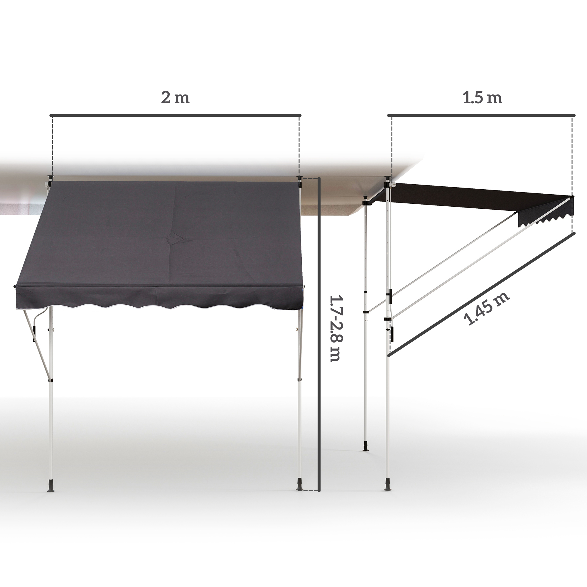 Outsunny Balcony 2 x 1.5m Manual Adjustable Awning DIY Patio Clamp Awning Canopy Retractable Shade Shelter Easy to Move for Balcony, Grey 3