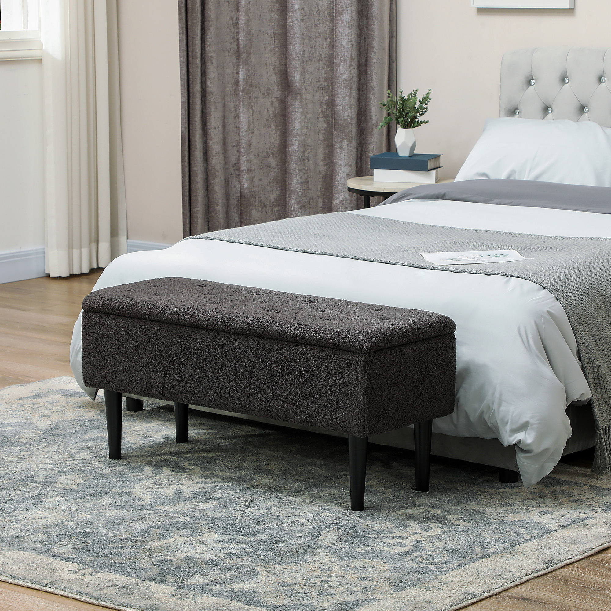 HOMCOM 57L Teddy Fleece Storage Ottoman Dark Grey 2