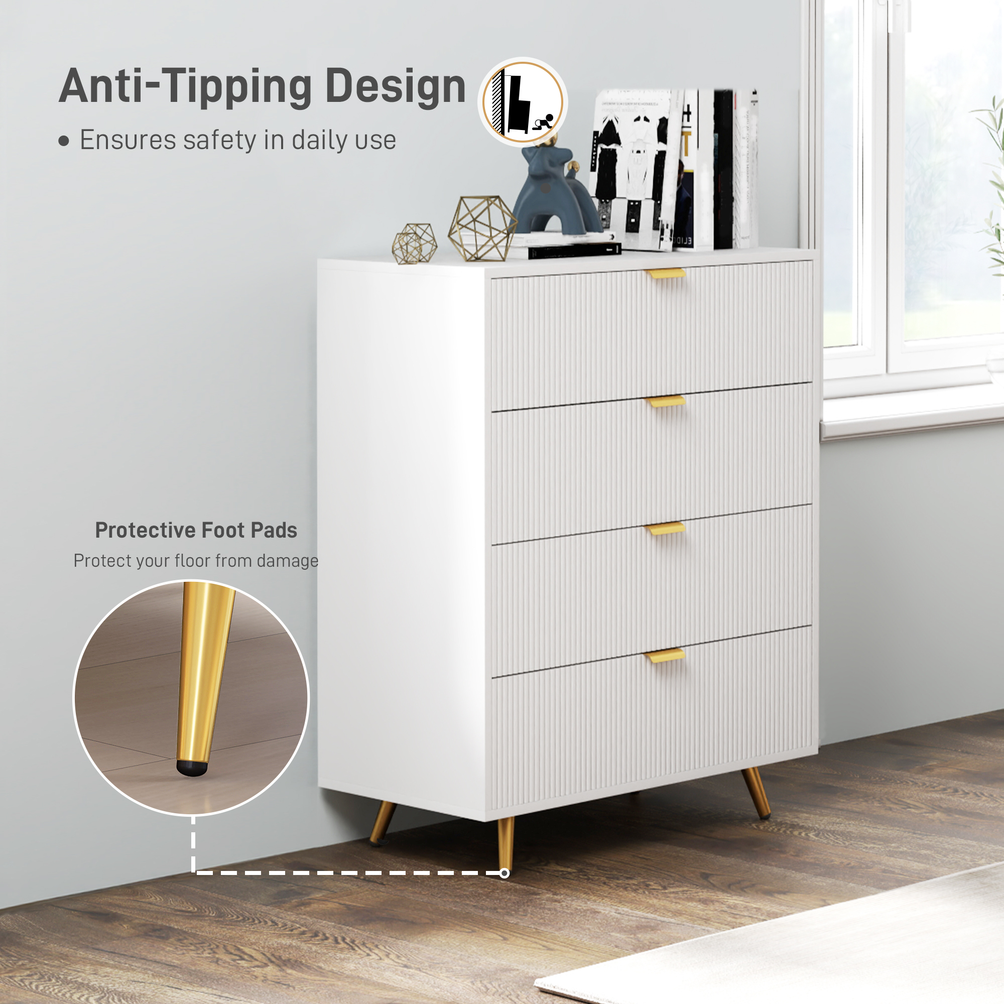 HOMCOM Elegant Four-Drawer Bedside Table White 6