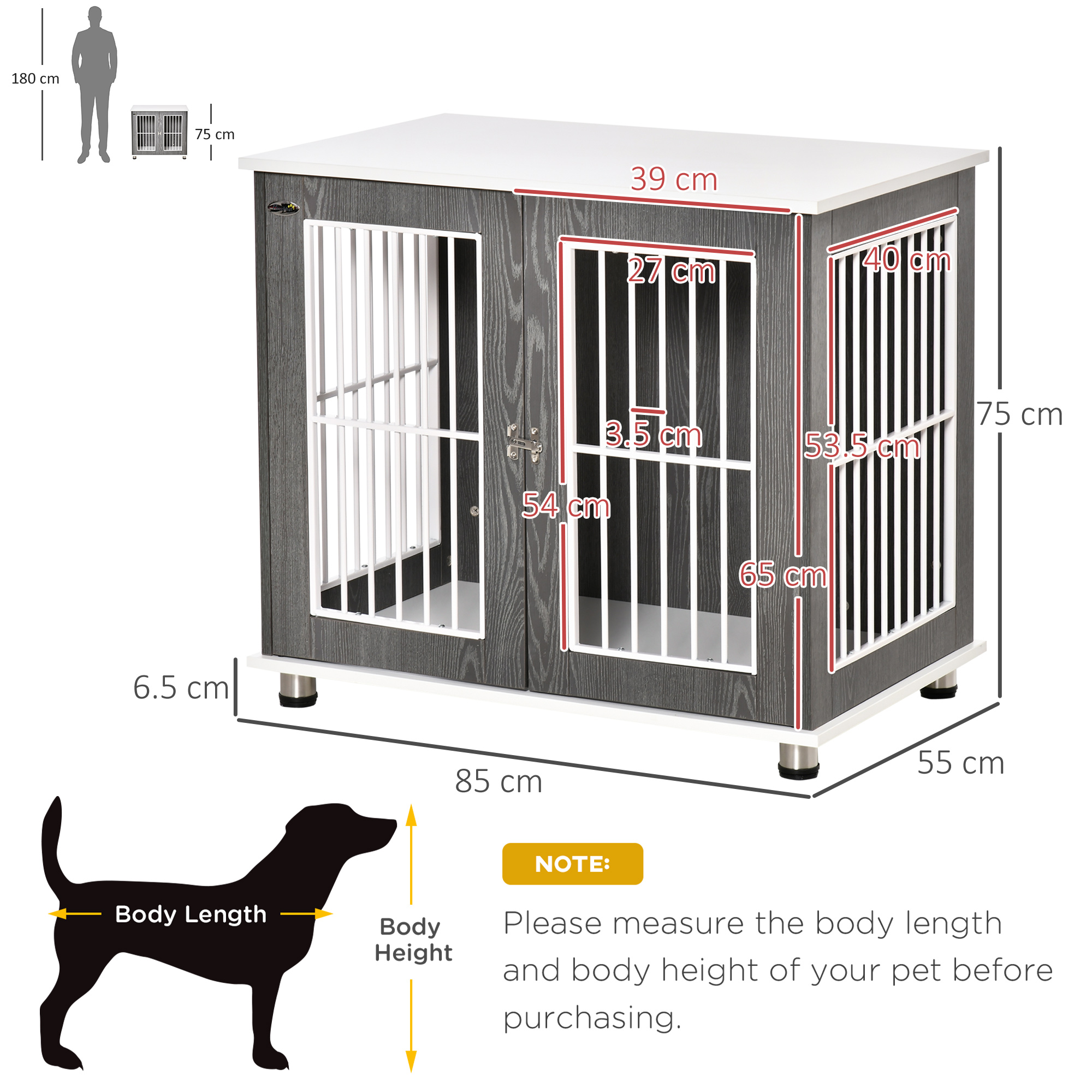 PawHut Dog Crate Wooden Pet Kennel Cage End Table w/ Lockable Door for Small Medium Dog Grey & White 85 x 55 x 75 cm 3
