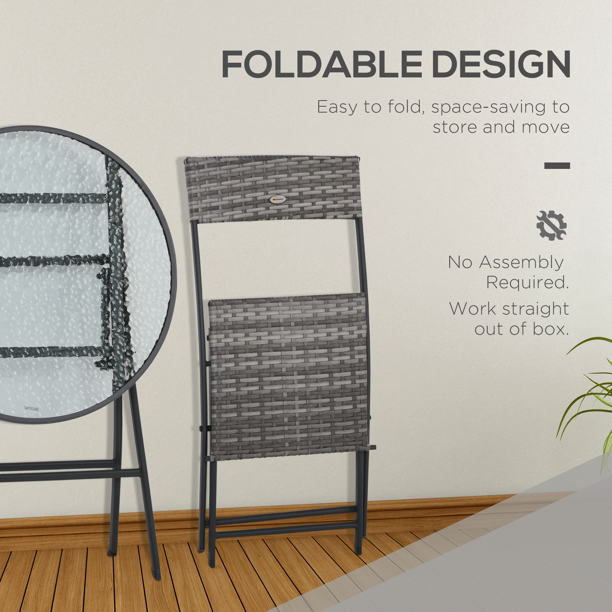 Outsunny 3 Pieces Rattan Bistro Set, Wicker Folding Garden Furniture Set with Glass Top Coffee Table and Chairs for Outdoor, Patio, Balcony, Grey 5