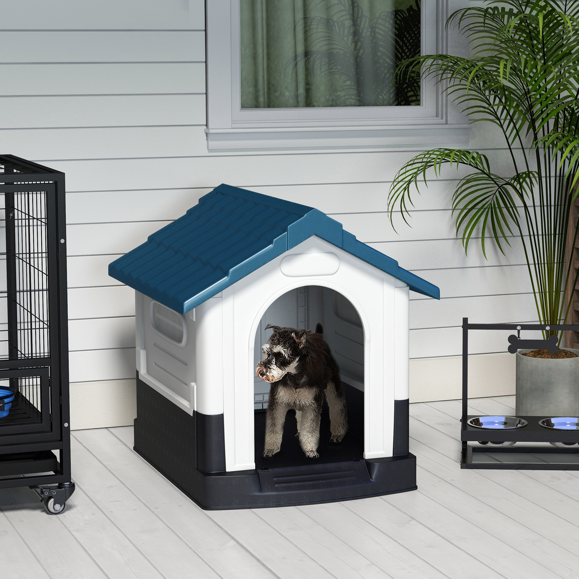 PawHut Plastic Dog Kennel with Windows, for Garden Patio, Miniature and Small Dogs, 80 x 69 x 76cm Blue 2