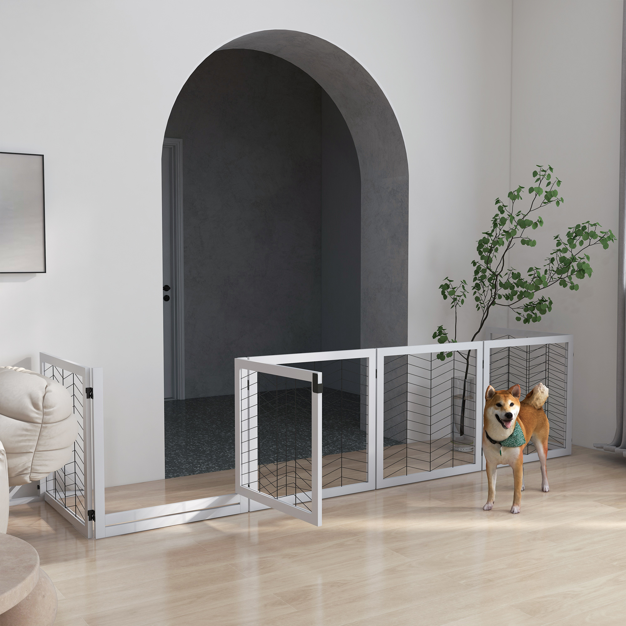 PawHut 8 Panels Foldable Pet Gate with Support Feet, for House, Doorway, Stairs, Small and Medium Dogs White 2