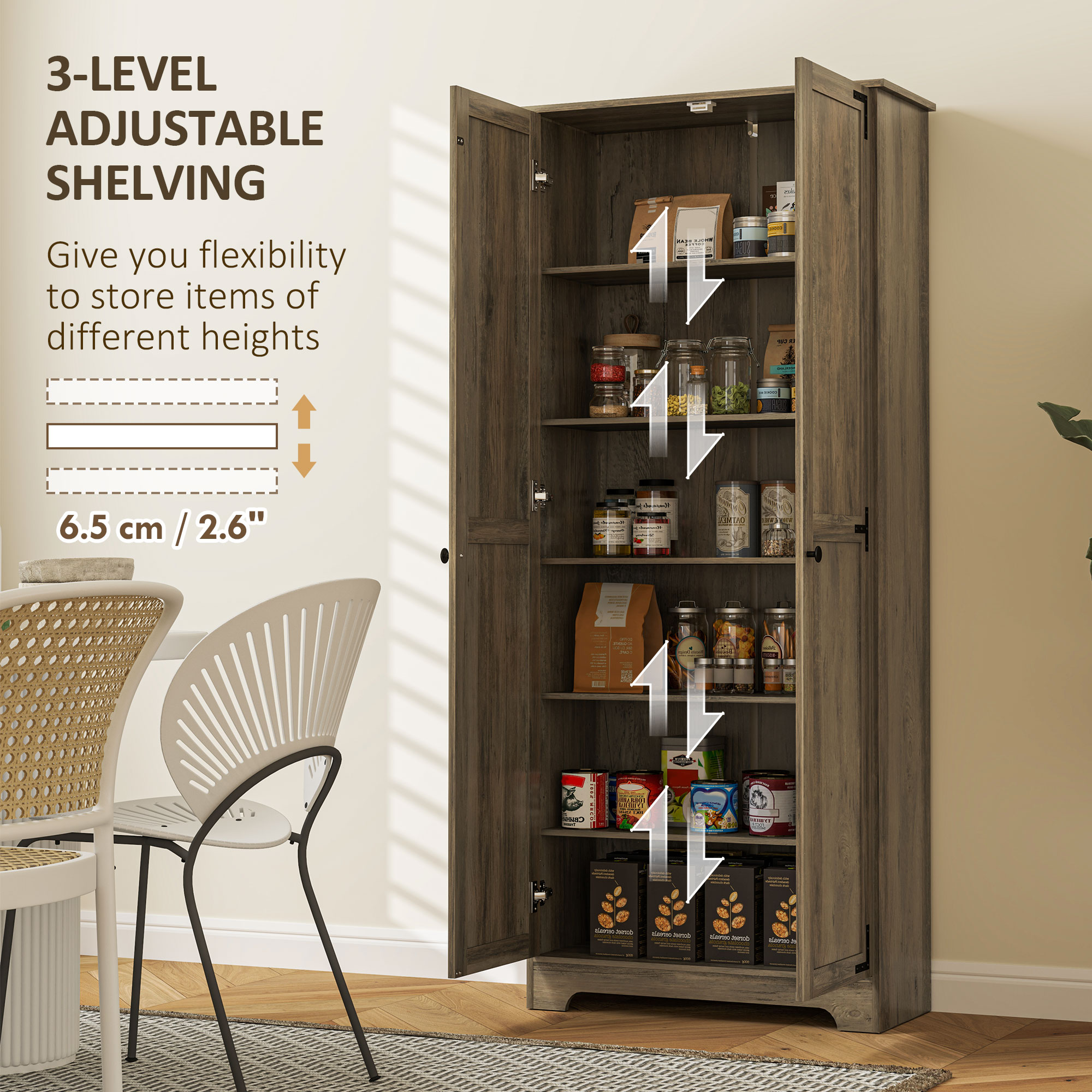 HOMCOM Farmhouse Kitchen Cupboard, Freestanding Kitchen Storage Cabinet with Adjustable Shelves, Tall Storage Cabinet with Recessed Doors, Grey Wood-Effect 6