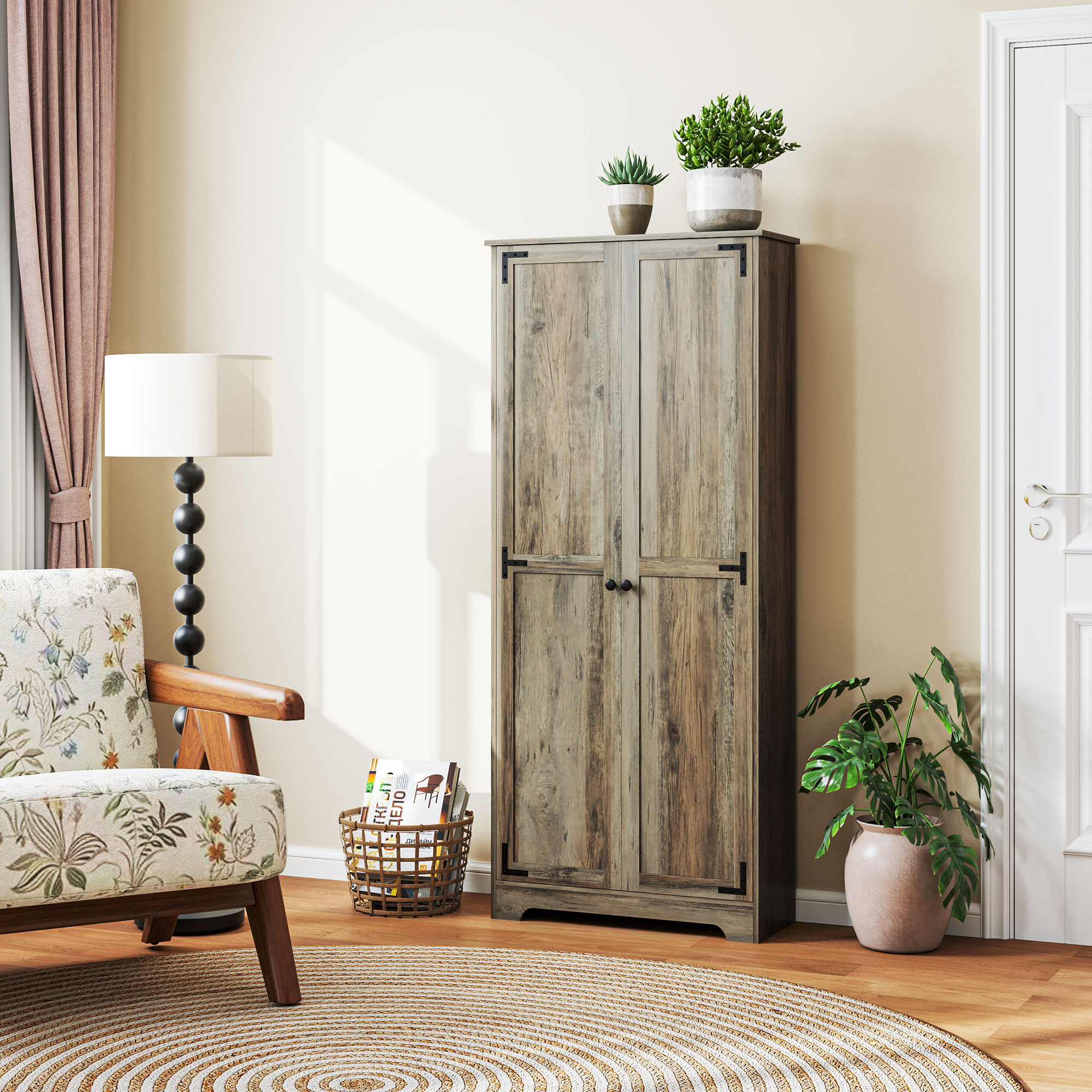 HOMCOM Farmhouse Kitchen Cupboard, Freestanding Kitchen Storage Cabinet with Adjustable Shelves, Tall Storage Cabinet with Recessed Doors, Grey Wood-Effect 9