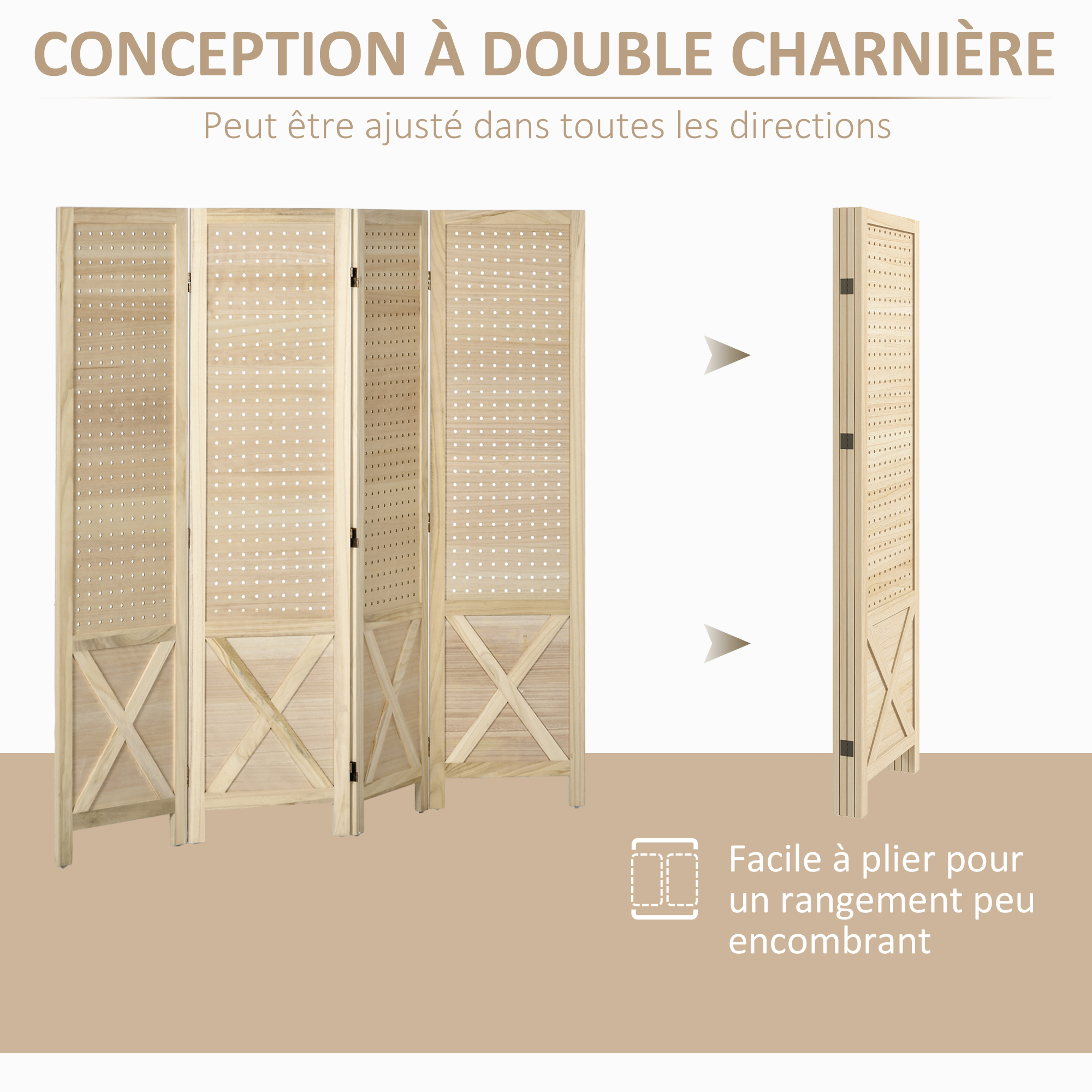 Paravent intérieur - HOMCOM - 4 panneaux - pliable - pour salon, chambre à coucher, maison - 180 x 180 cm - bois naturel - Maison